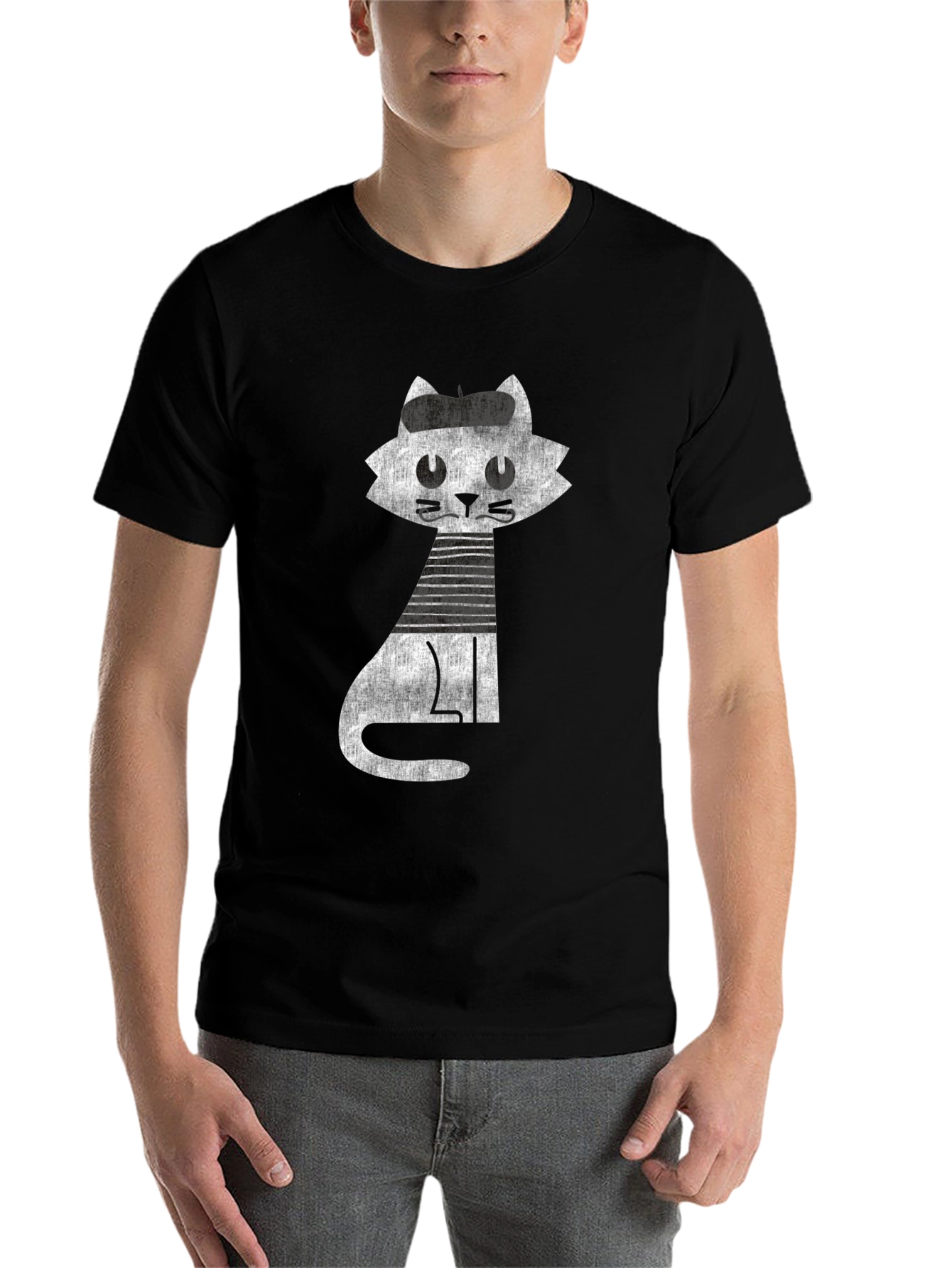 Black Retro Cat Graphic Tee - Cool Black Cotton T-Shirt view 7