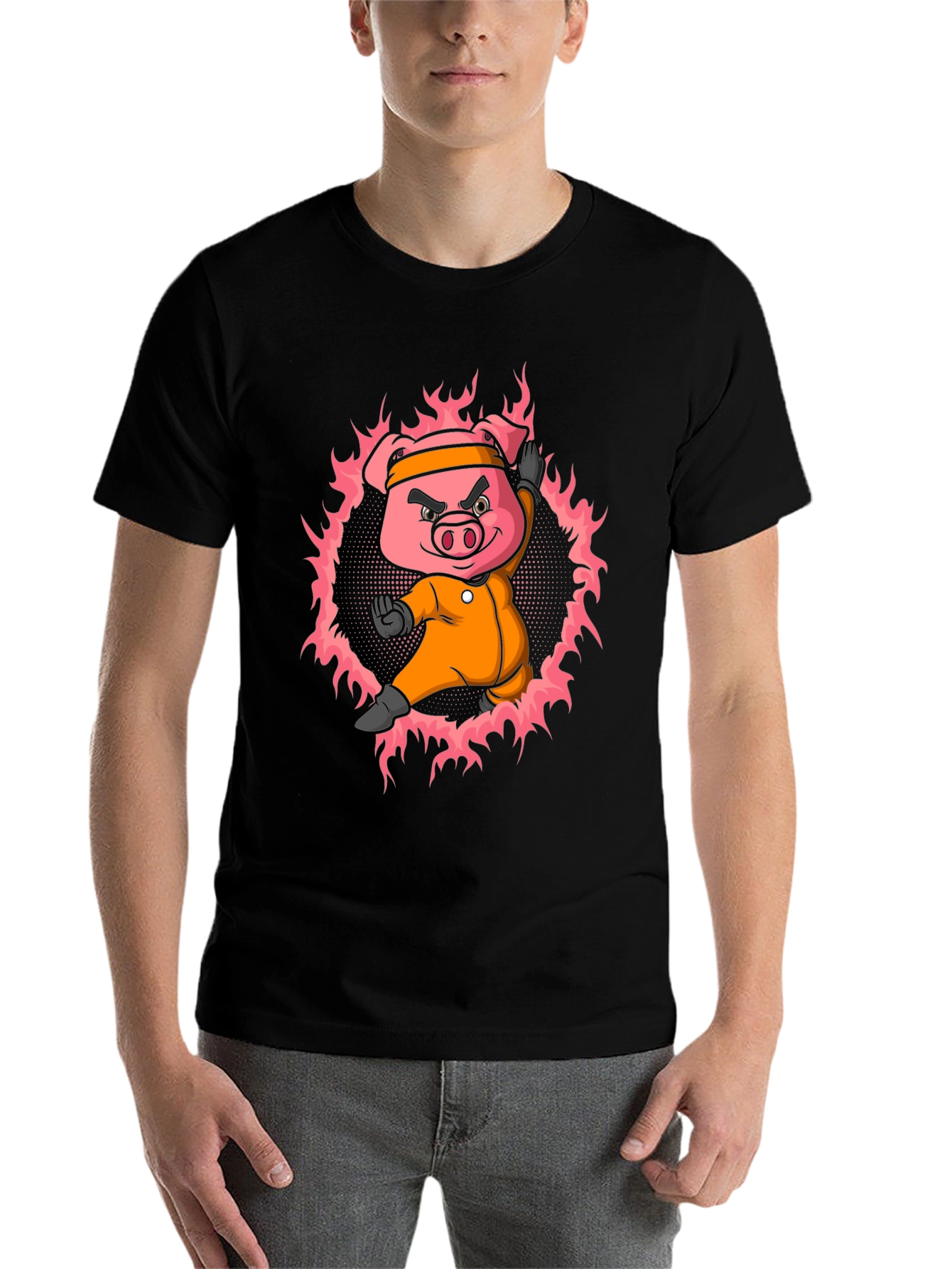 Black Karate Pig T-Shirt - Black Cotton Tee view 7