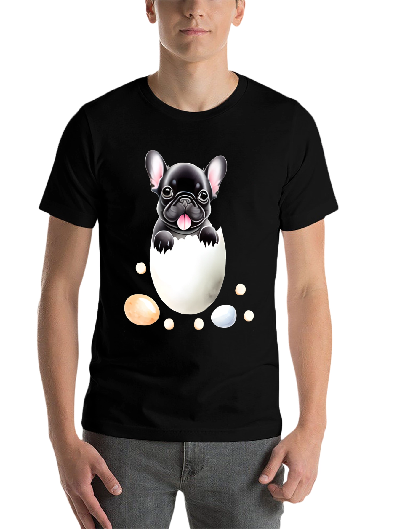 Black Bulldog Puppy in Egg Graphic Tee view 7