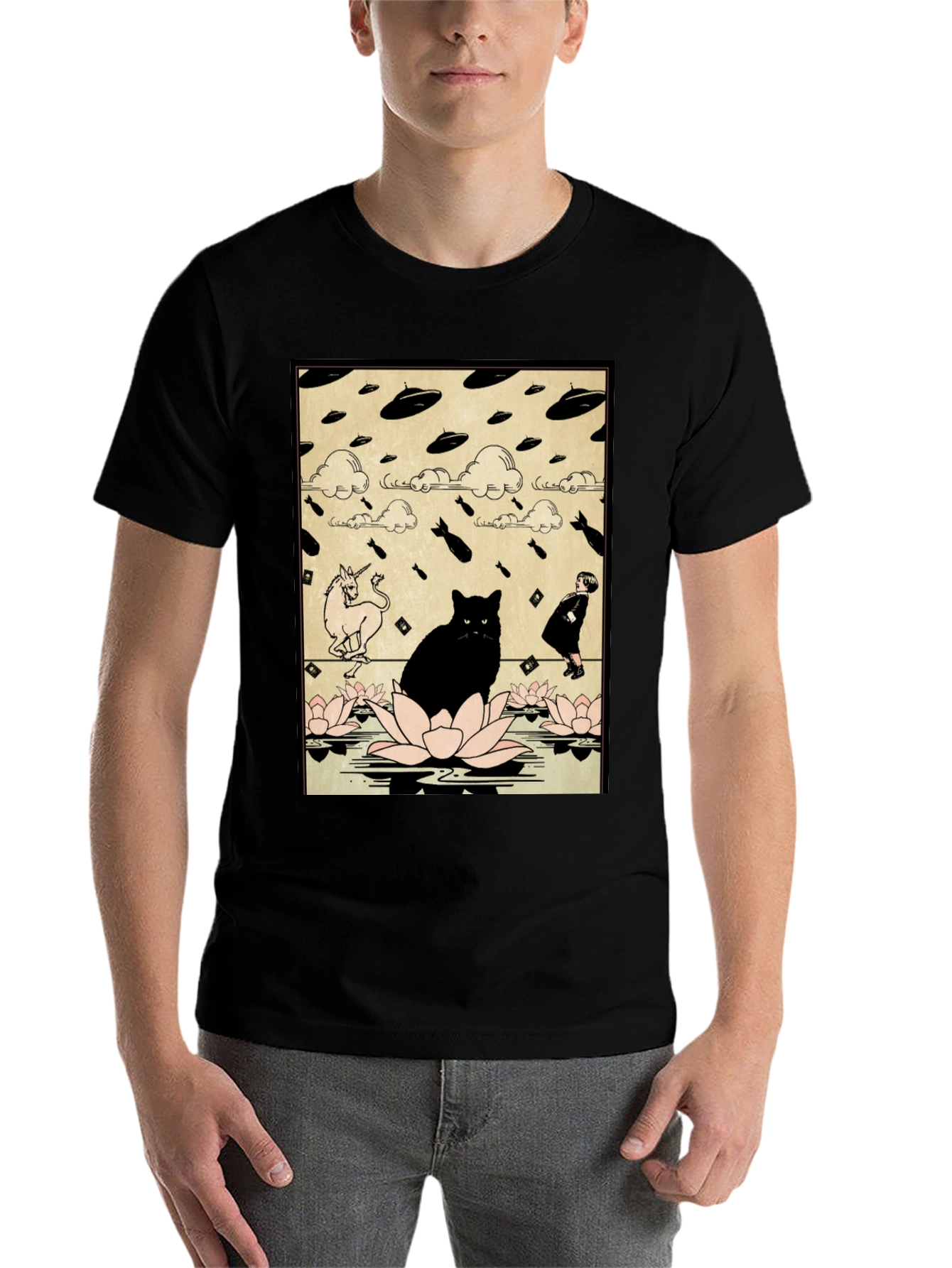 Black Cat & Unicorn Invasion T-Shirt - Funny Graphic Tee view 7