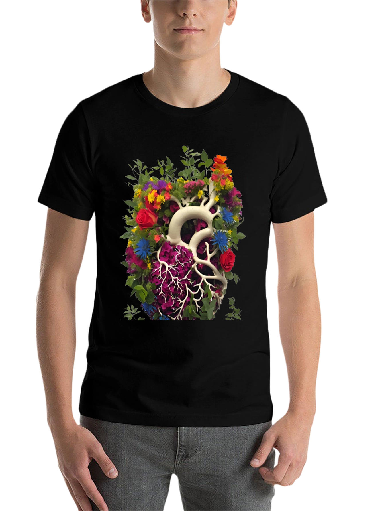 Black Floral Heart Anatomy T-Shirt - Unique Graphic Tee view 7
