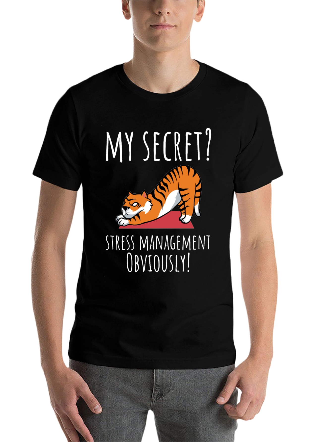 Black Funny Yoga Cat T-Shirt - My Secret? Stress Management Obviously! view 7