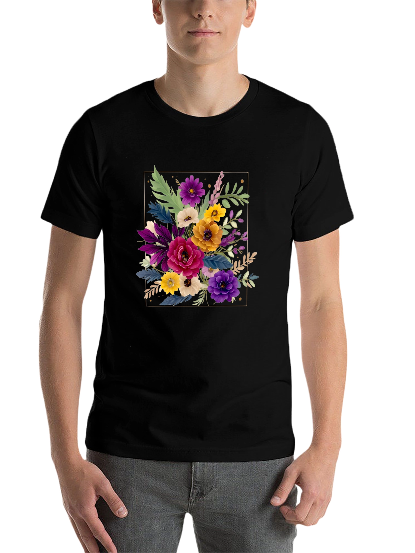 Black Floral Bouquet Graphic Print Men's Black T-Shirt view 7