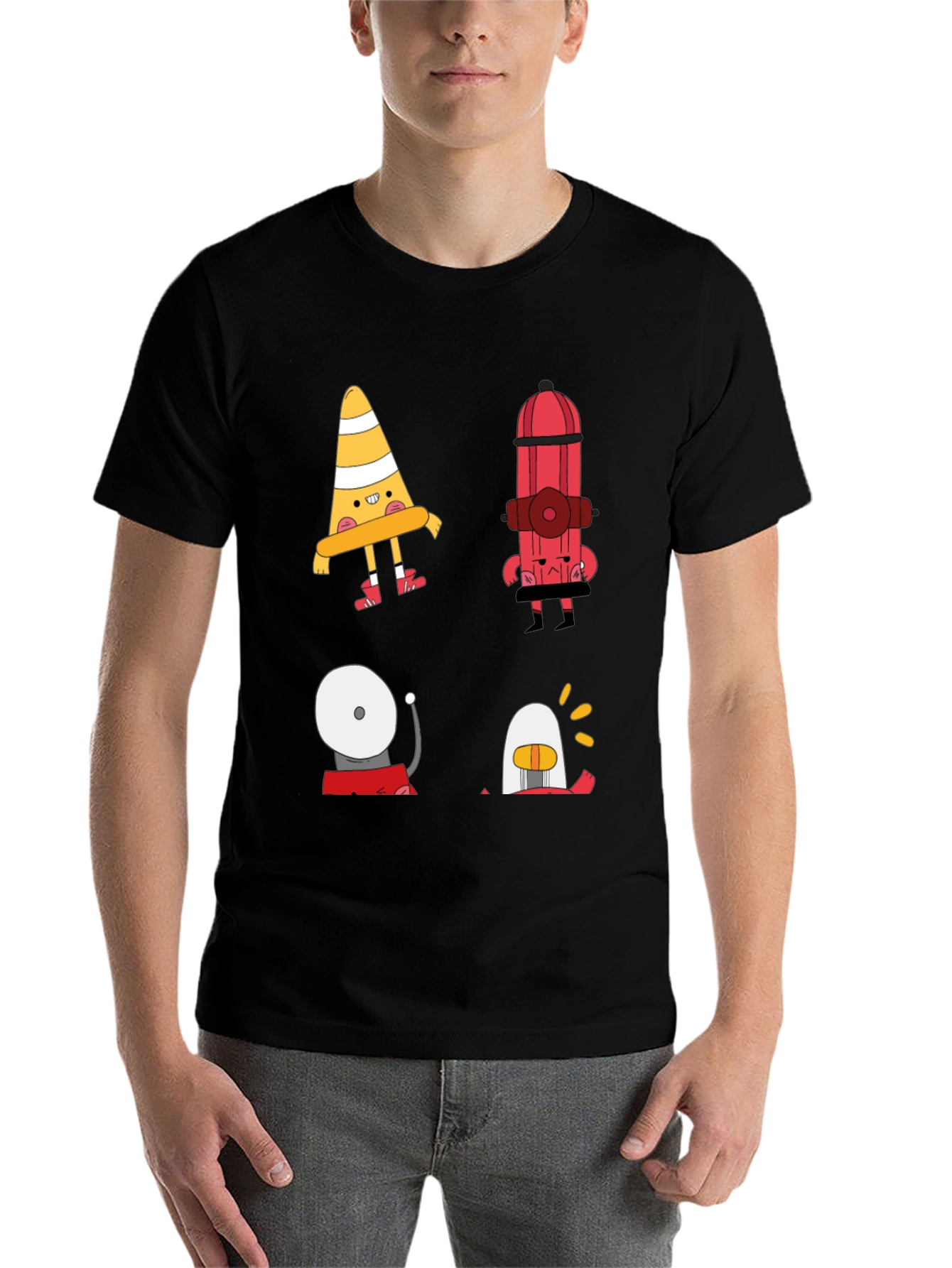 Black Cartoon Fire Safety Black T-Shirt view 7