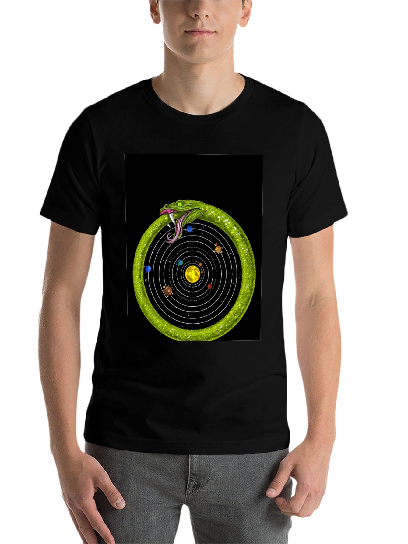 Black Ouroboros Solar System T-Shirt view 7