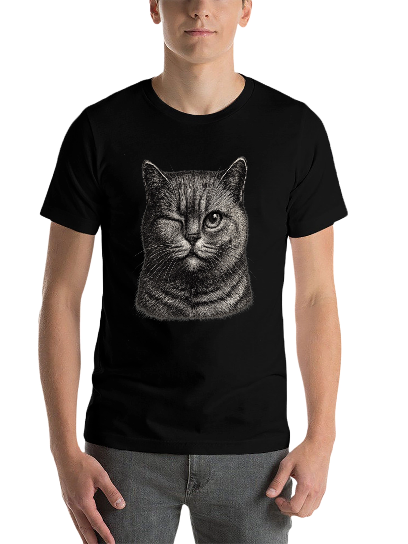 Black Winking Cat Graphic Tee - Men's Black T-Shirt view 7