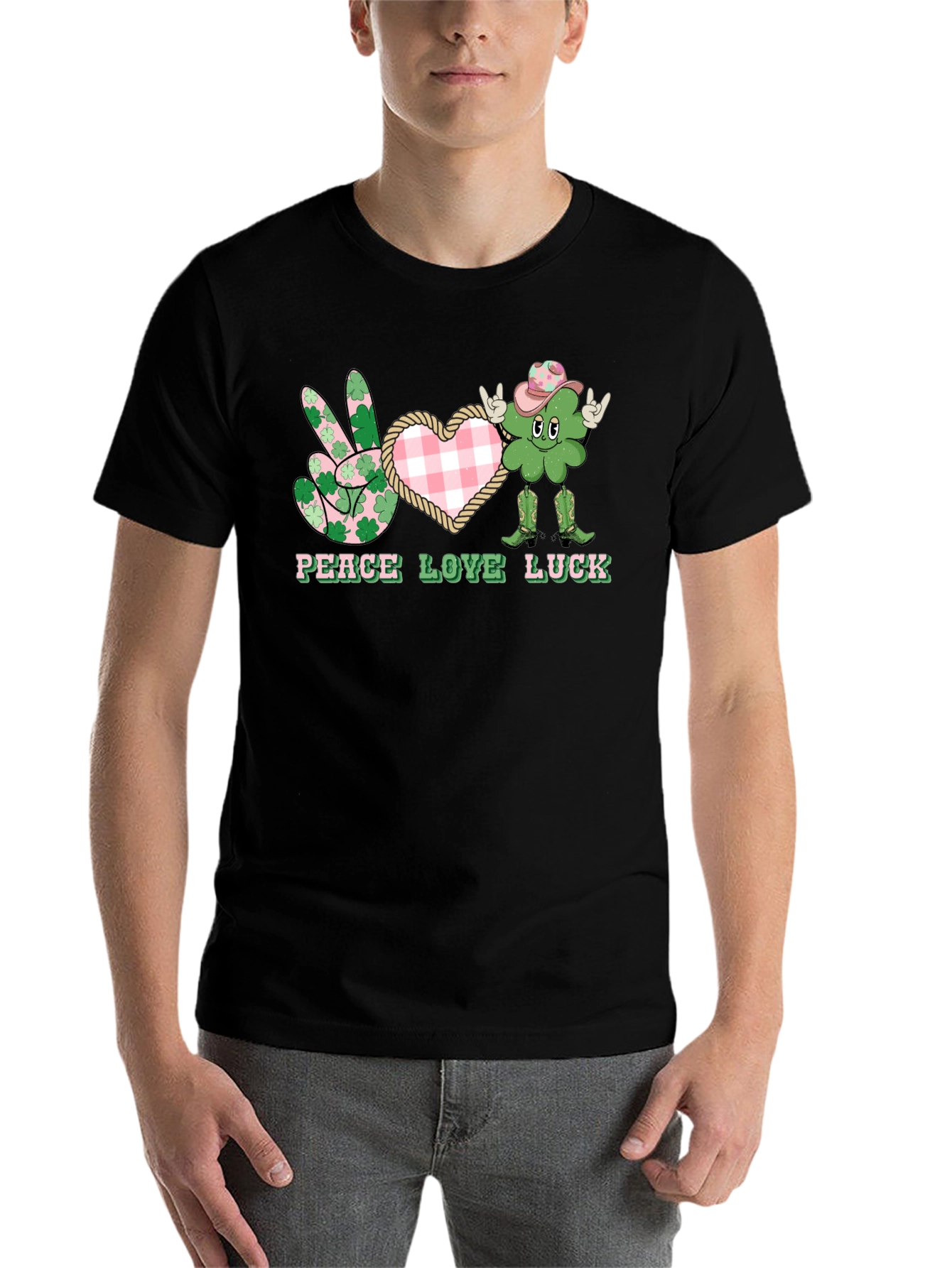 Black Peace Love Luck St. Patrick's Day T-Shirt view 7