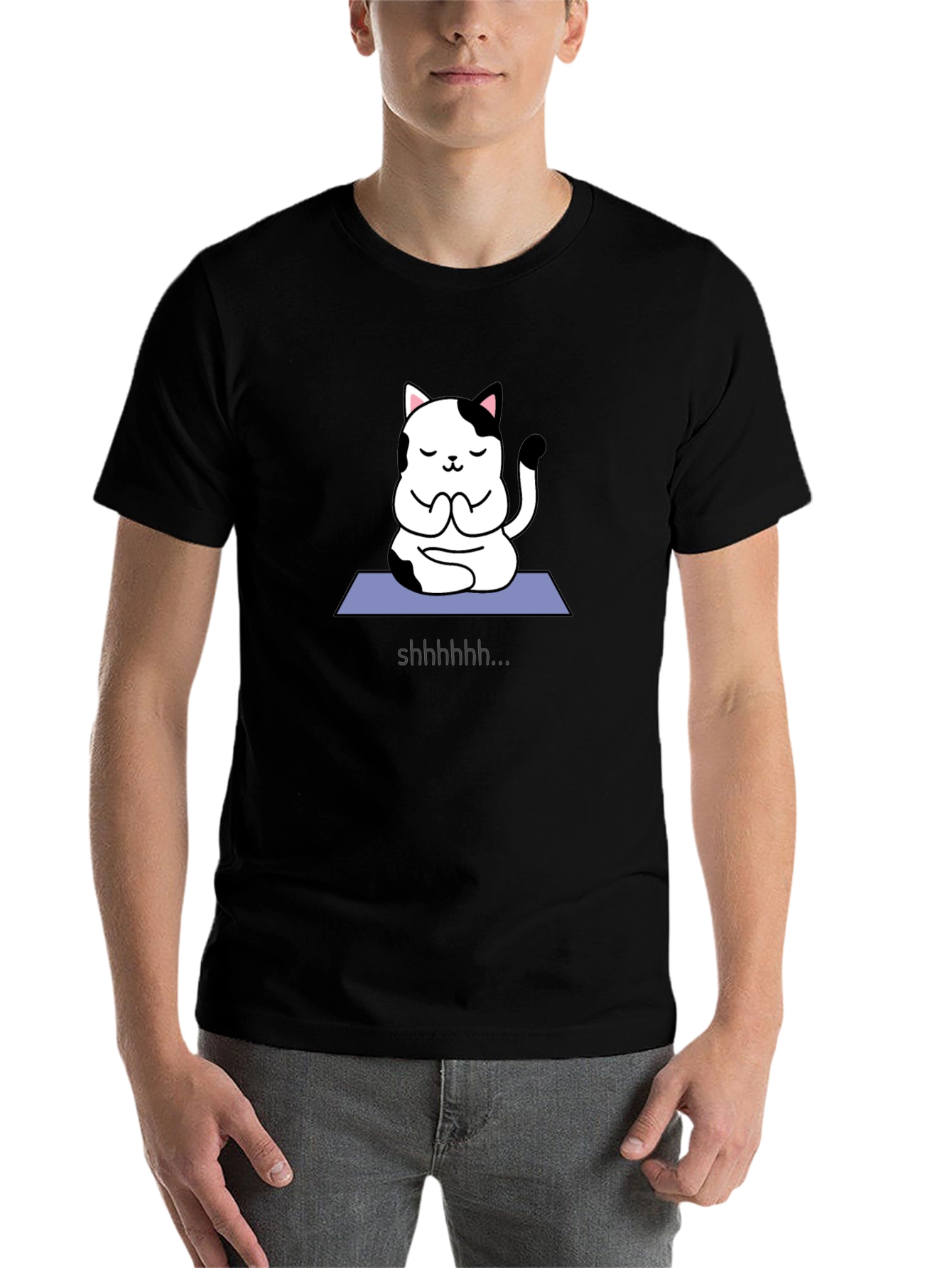 Black Zen Cat Meditation Black T-Shirt view 7