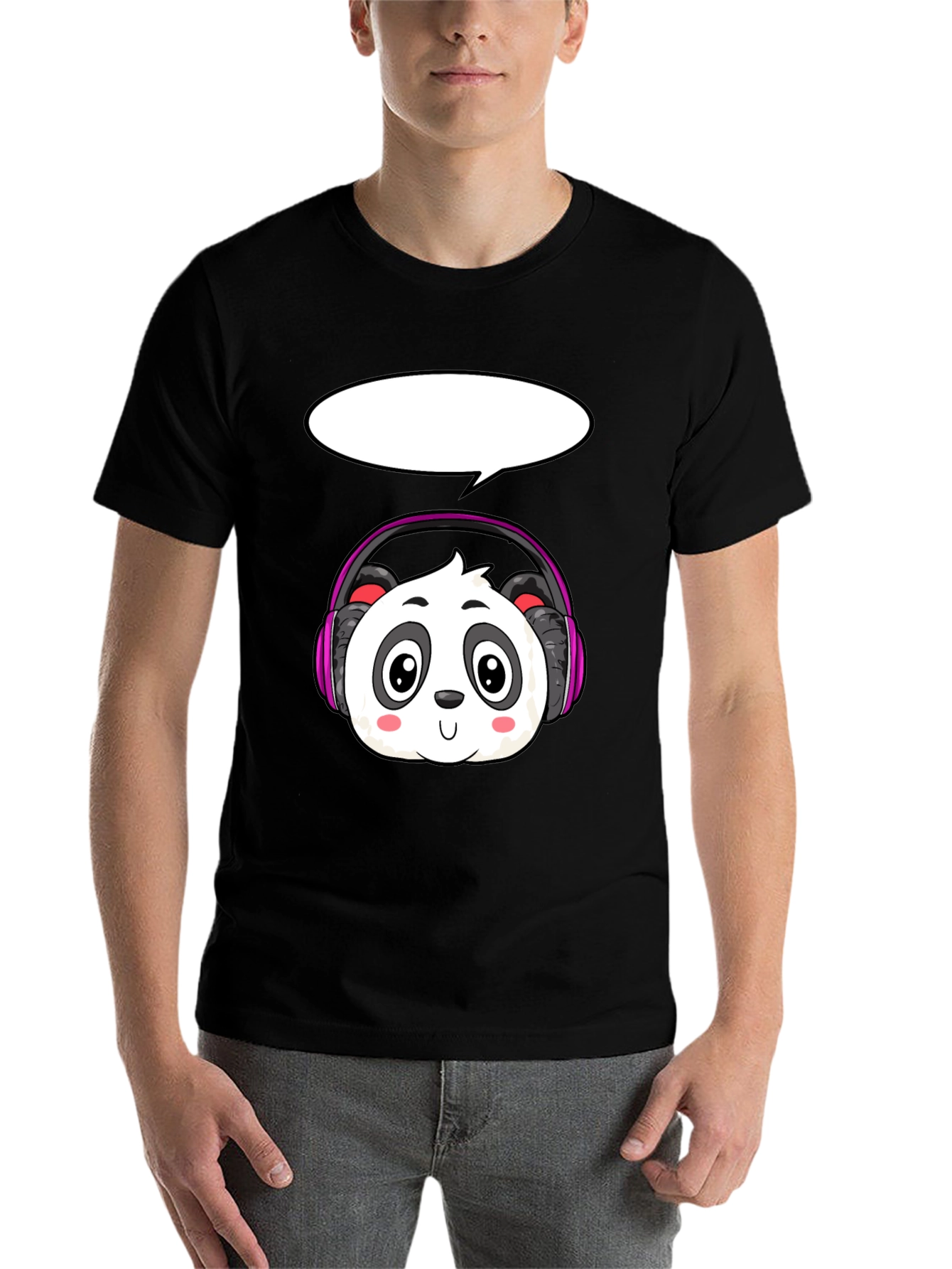 Black Cartoon Panda with Headphones T-Shirt view 7