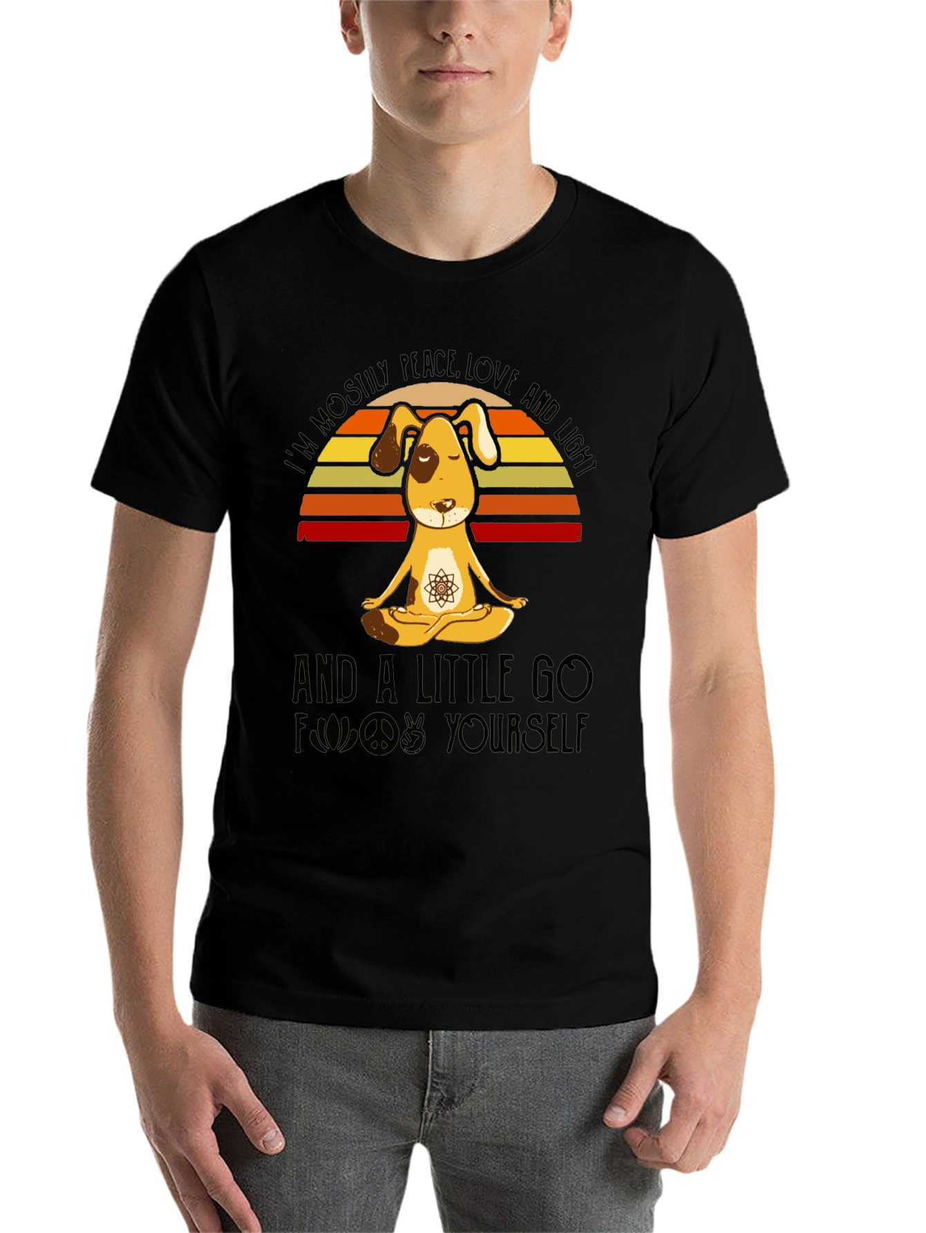 Black Peace Love and Light Dog Yoga T-Shirt view 7