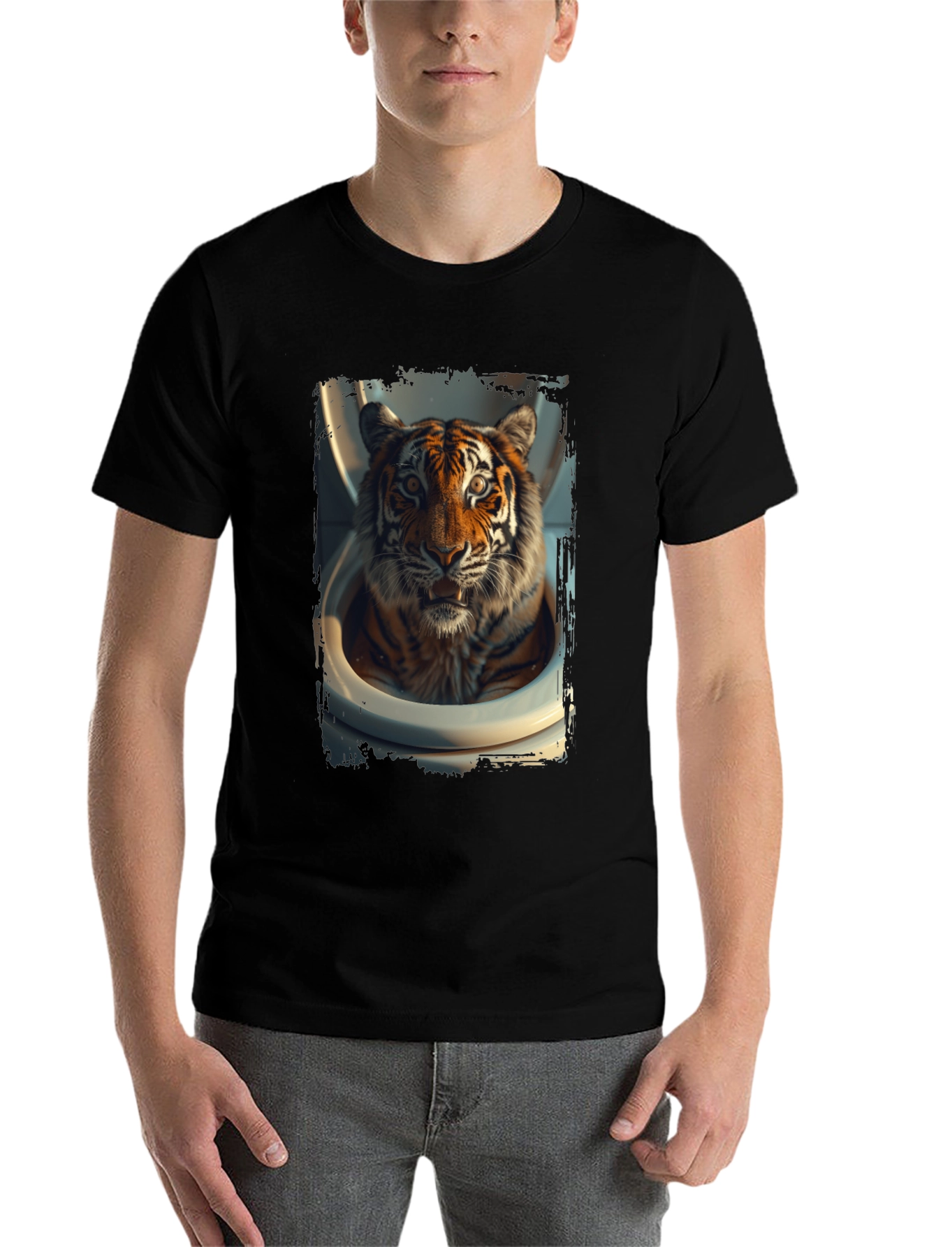 Black Tiger in Toilet Graphic Tee - Black Cotton T-Shirt view 7