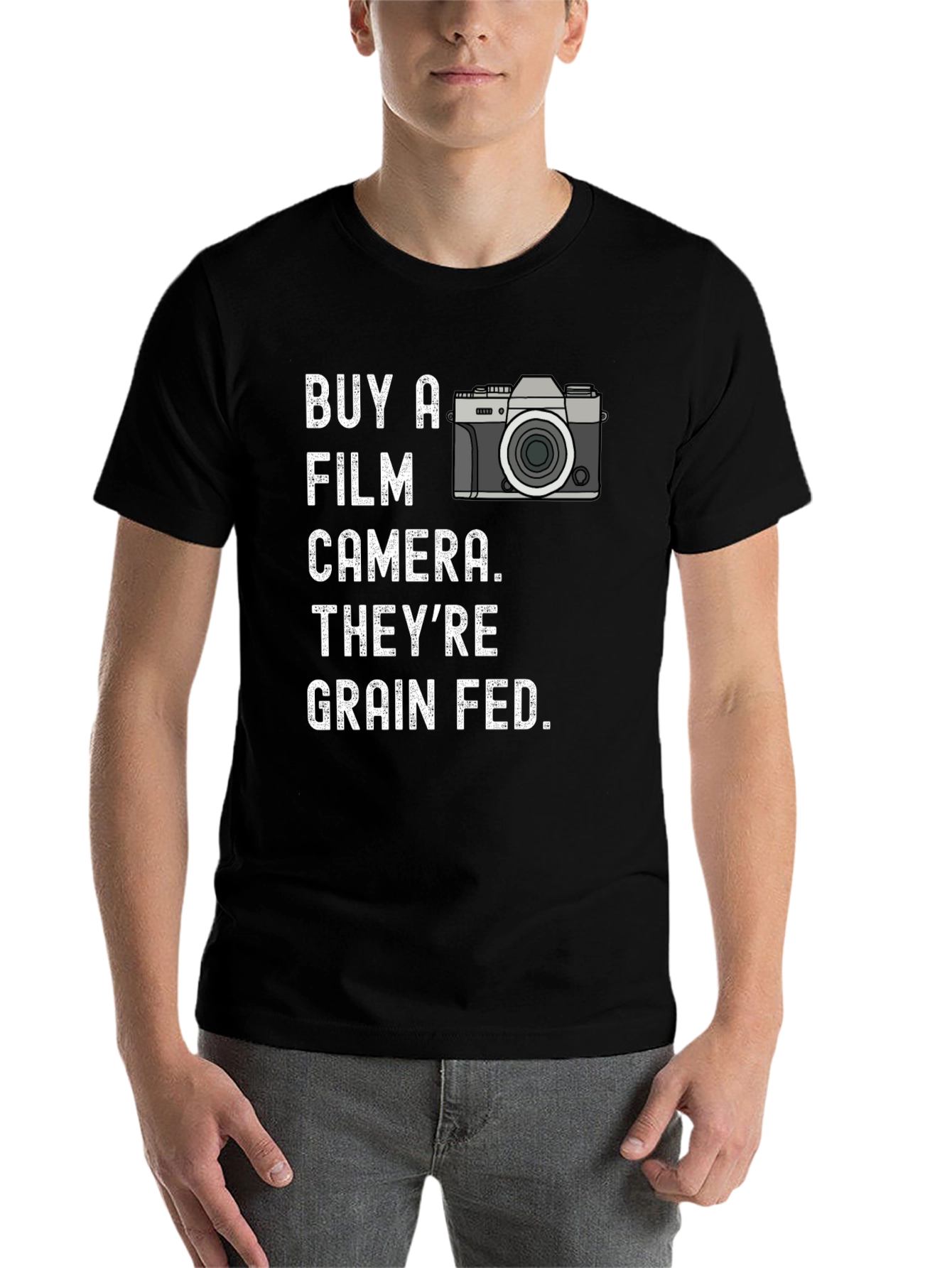 Black Buy a Film Camera T-Shirt - Grain Fed Humor Tee view 7