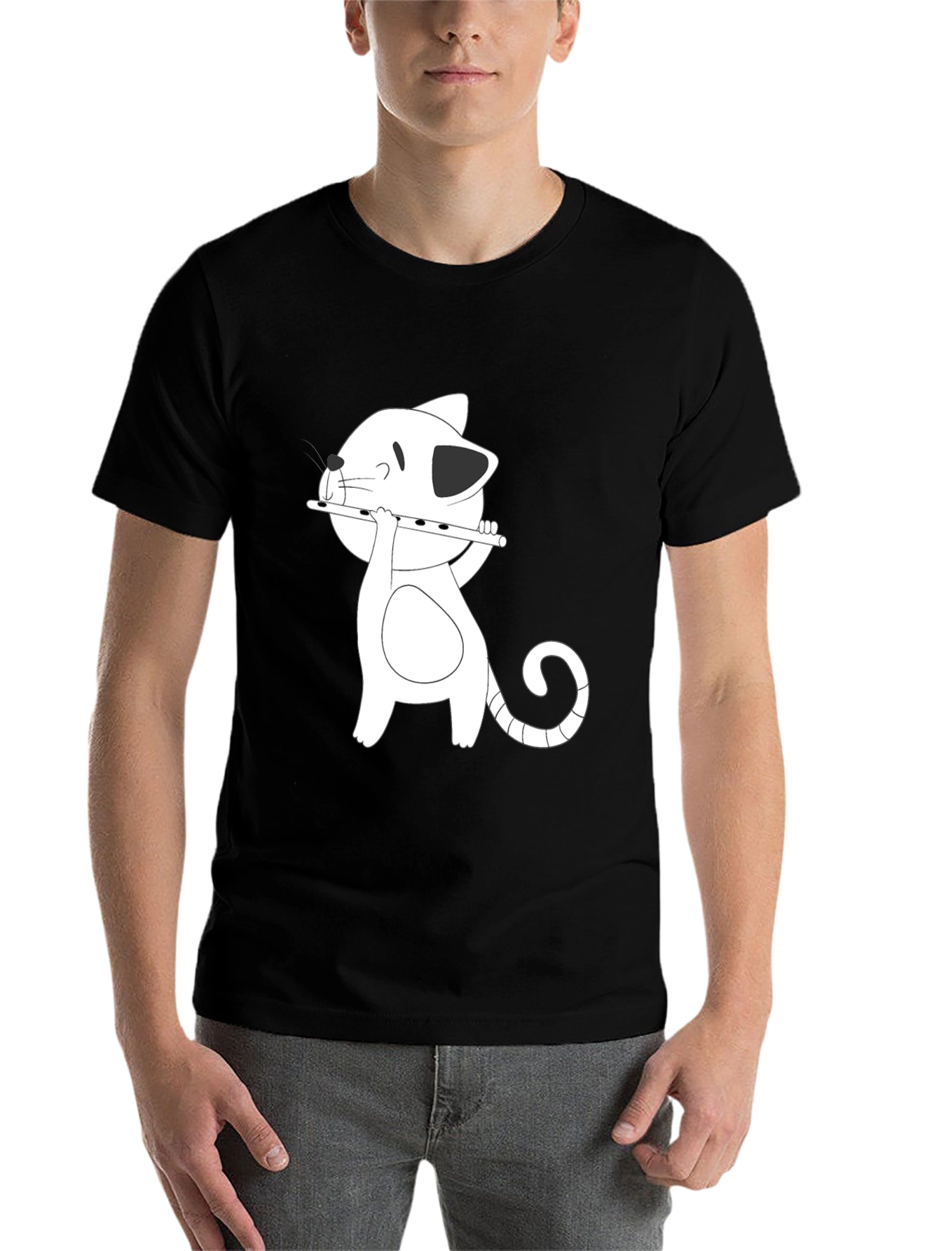 Black Cartoon Cat Flute Player Black T-Shirt view 7