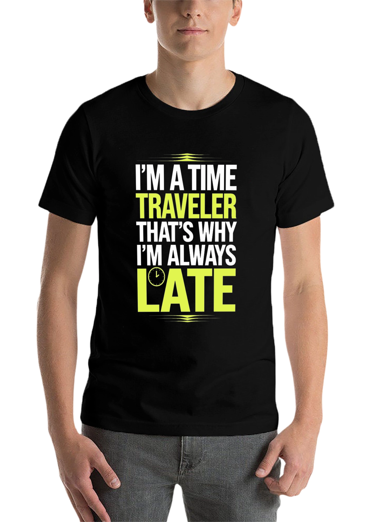 Black Time Traveler Late Men's T-Shirt Funny Tee view 7