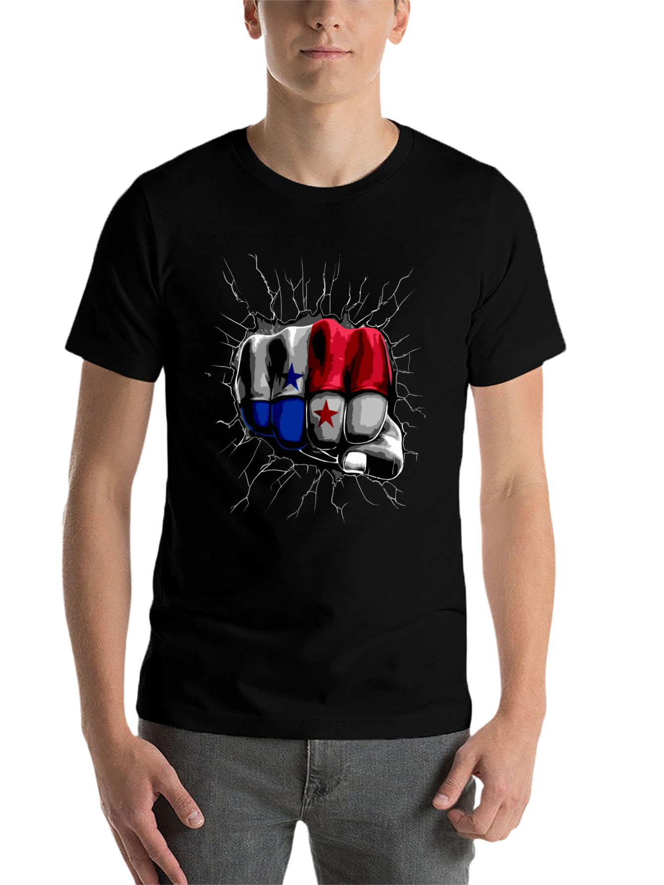 Black Panama Flag Fist Breaking Wall Men's Black T-Shirt view 7