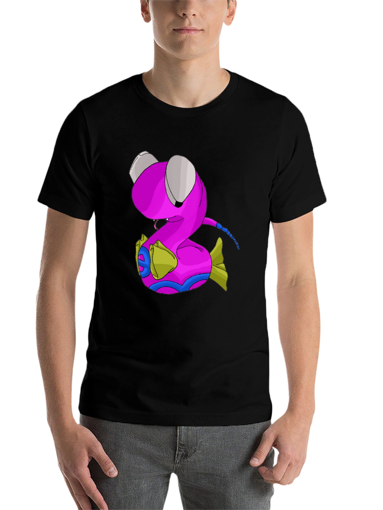 Black Cartoon Pink Worm Graphic Tee - Casual Black T-Shirt view 7