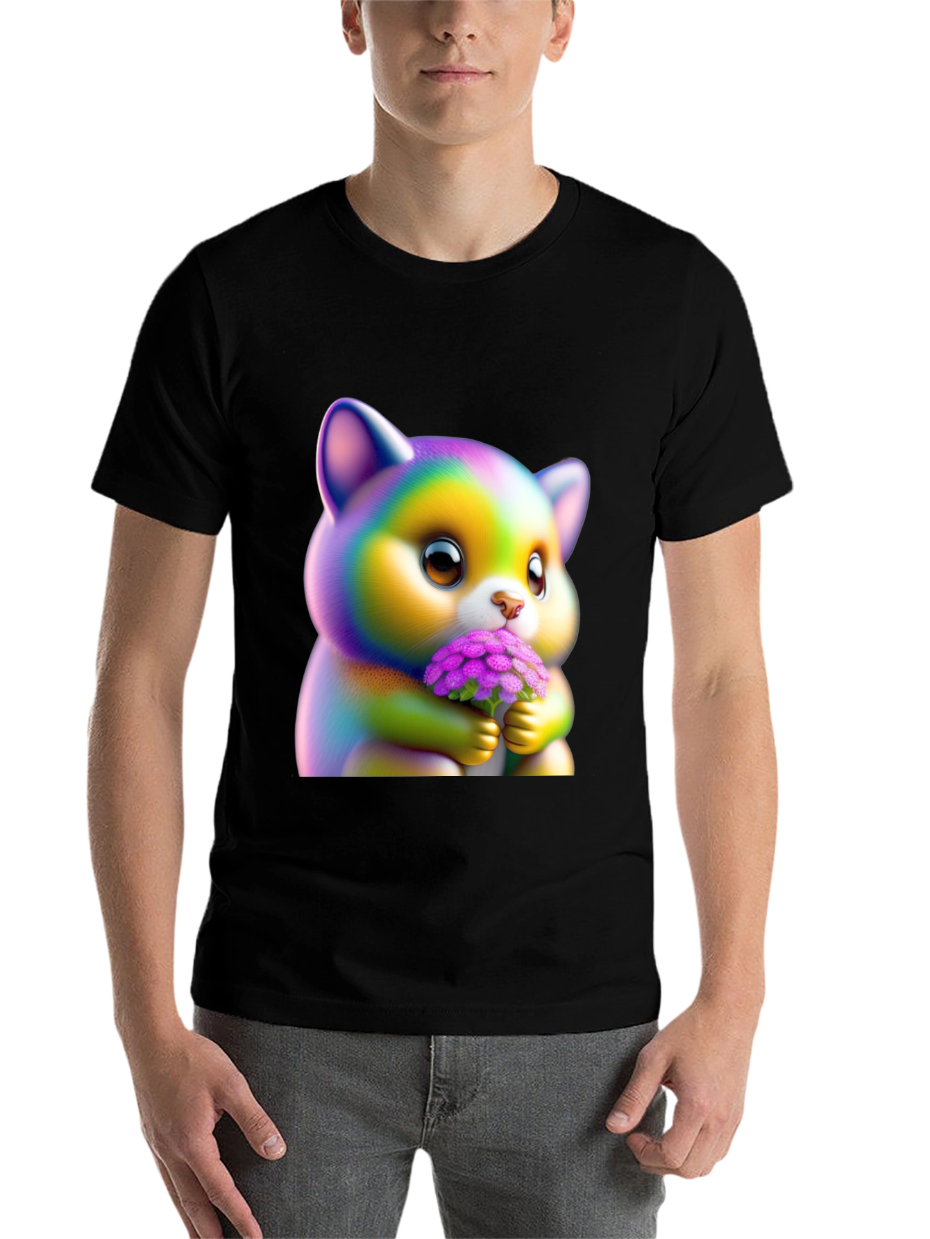 Black Cute Rainbow Kitten Holding Flowers Graphic Tee view 7