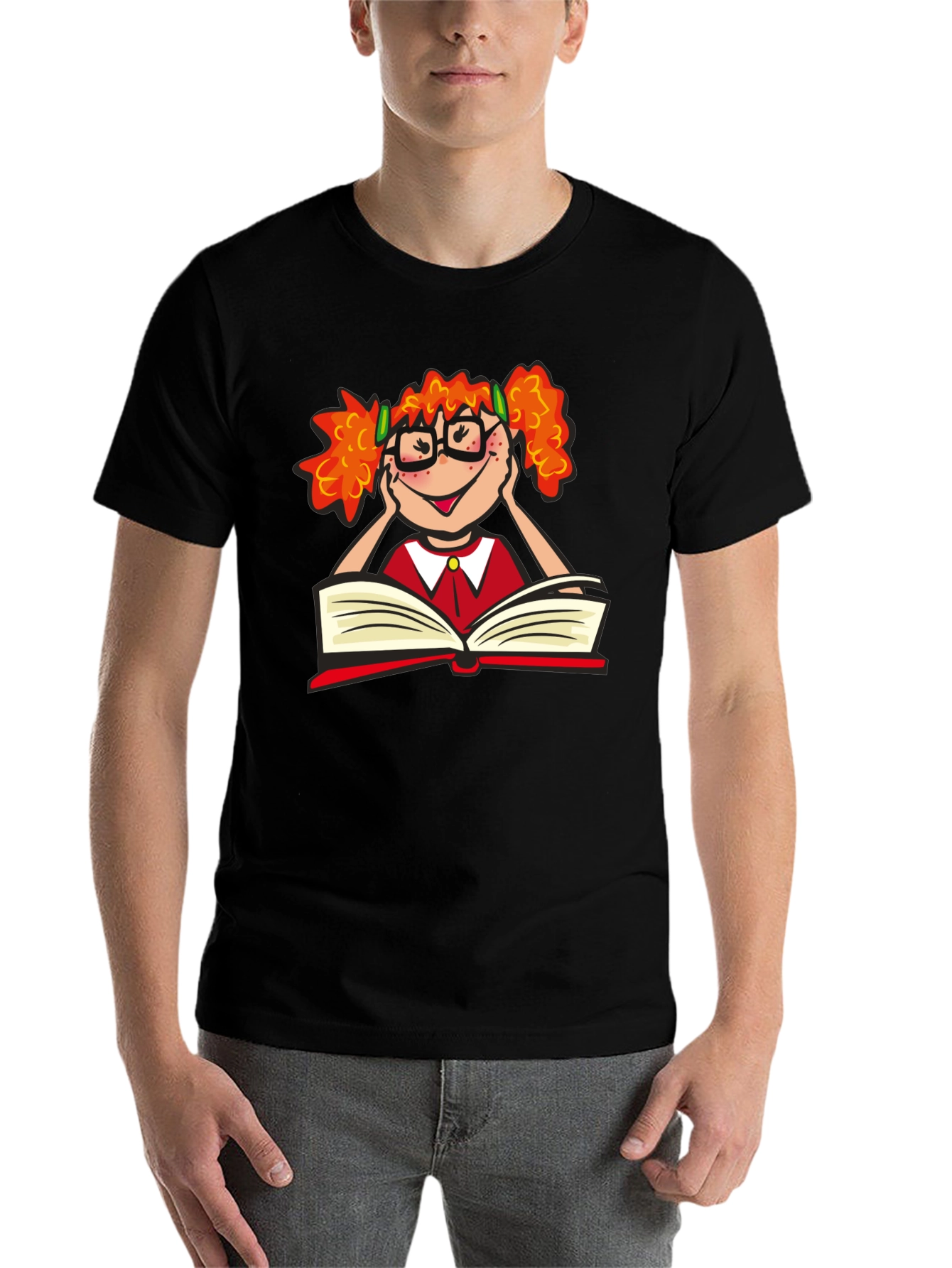 Black Nerdy Girl Reading T-Shirt - Black Cotton Tee view 7