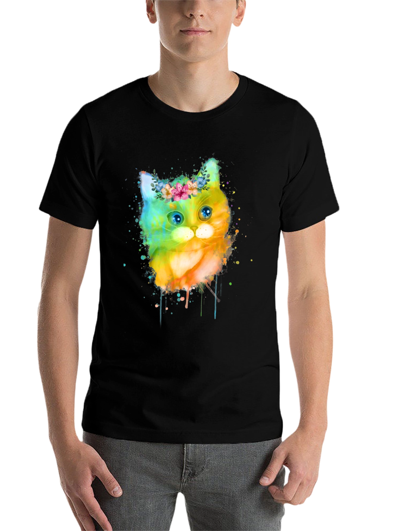 Black Watercolor Cat T-Shirt - Floral Crown Kitten Tee view 7
