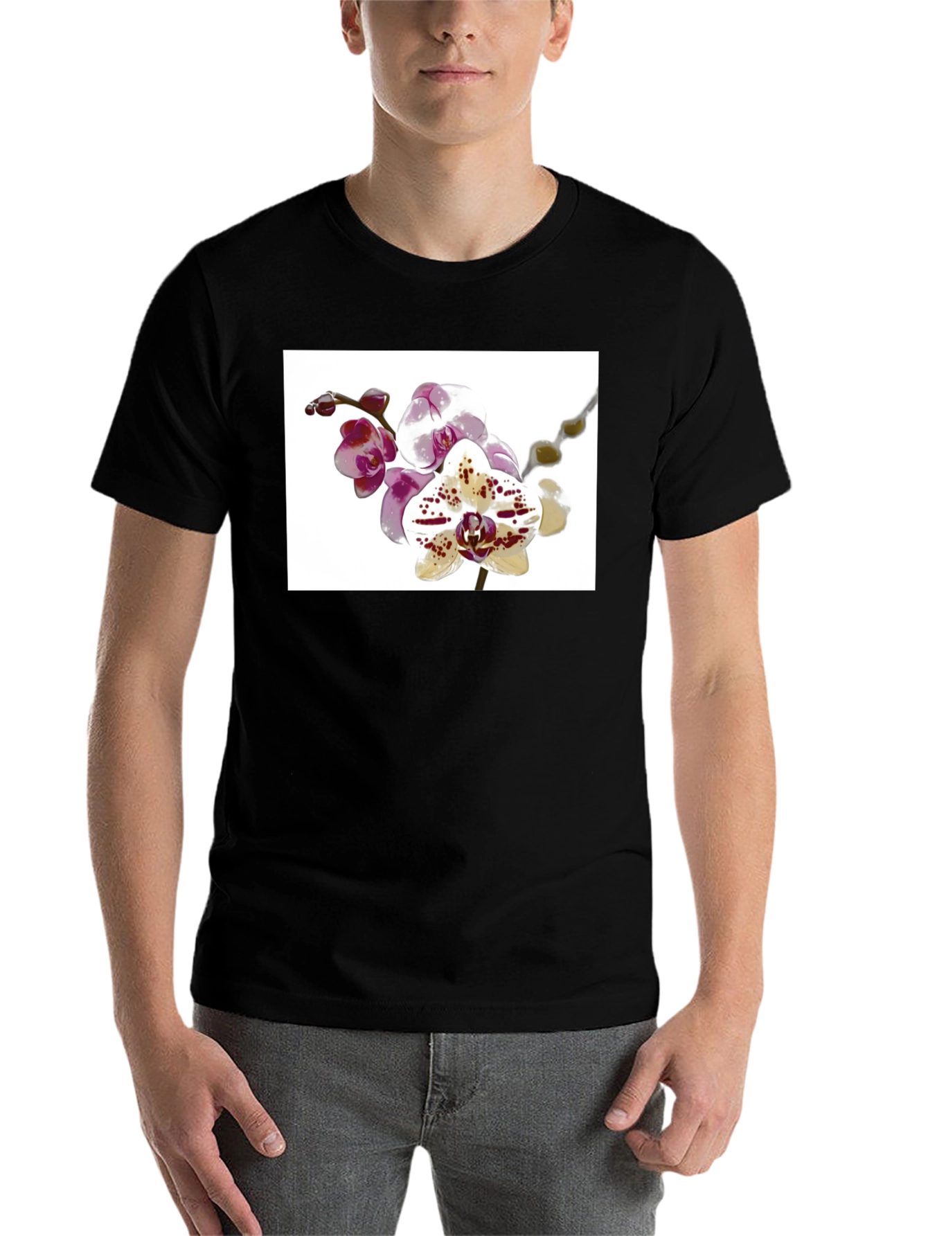 Black Floral Orchid Print Black T-Shirt view 7