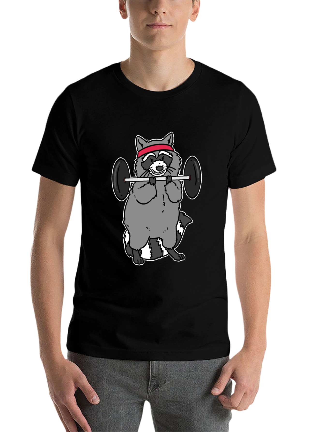 Black Raccoon Lifting Weights Funny Graphic T-Shirt view 7