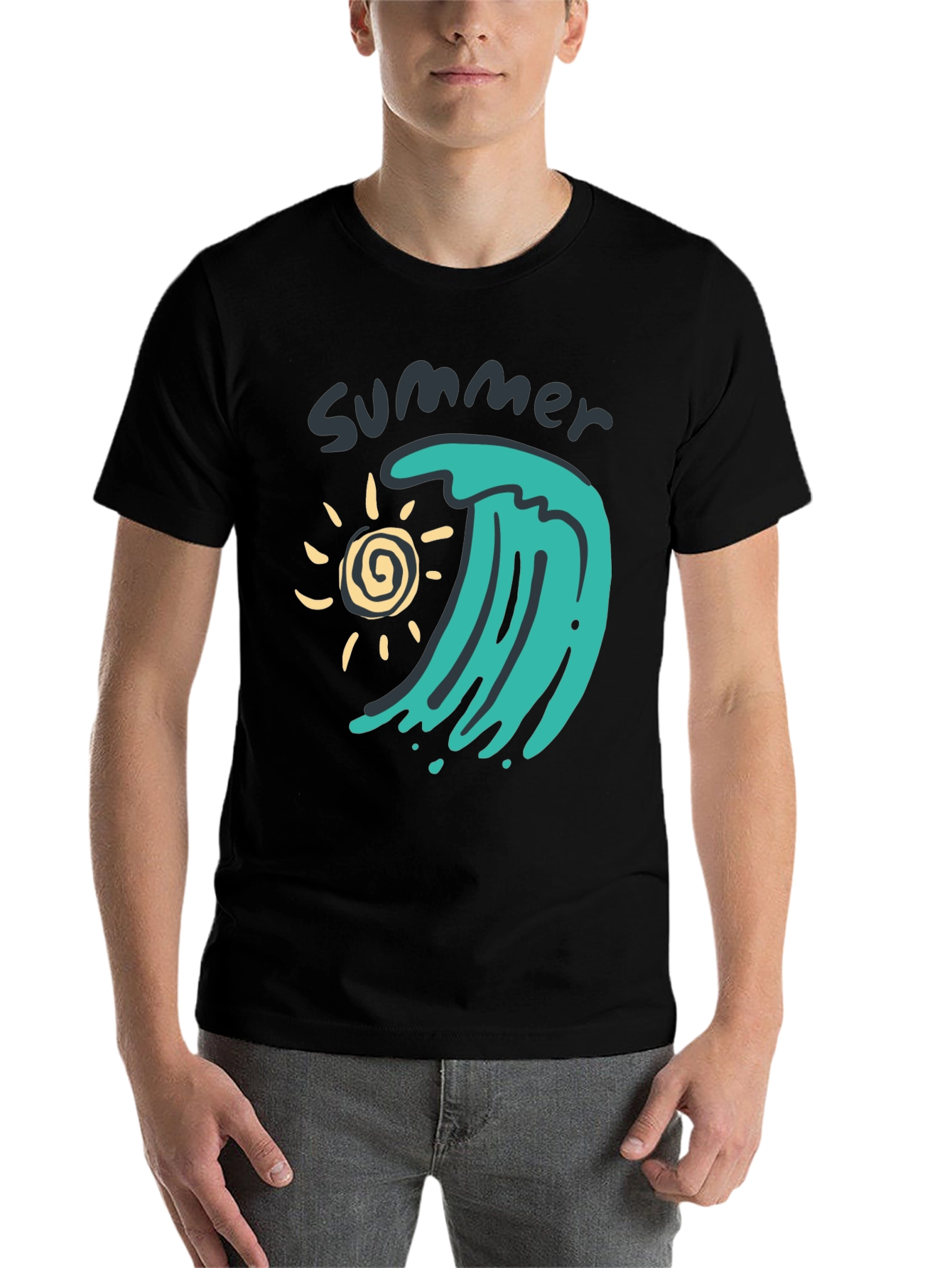 Black Summer Wave Graphic Tee - Black Cotton T-Shirt view 7