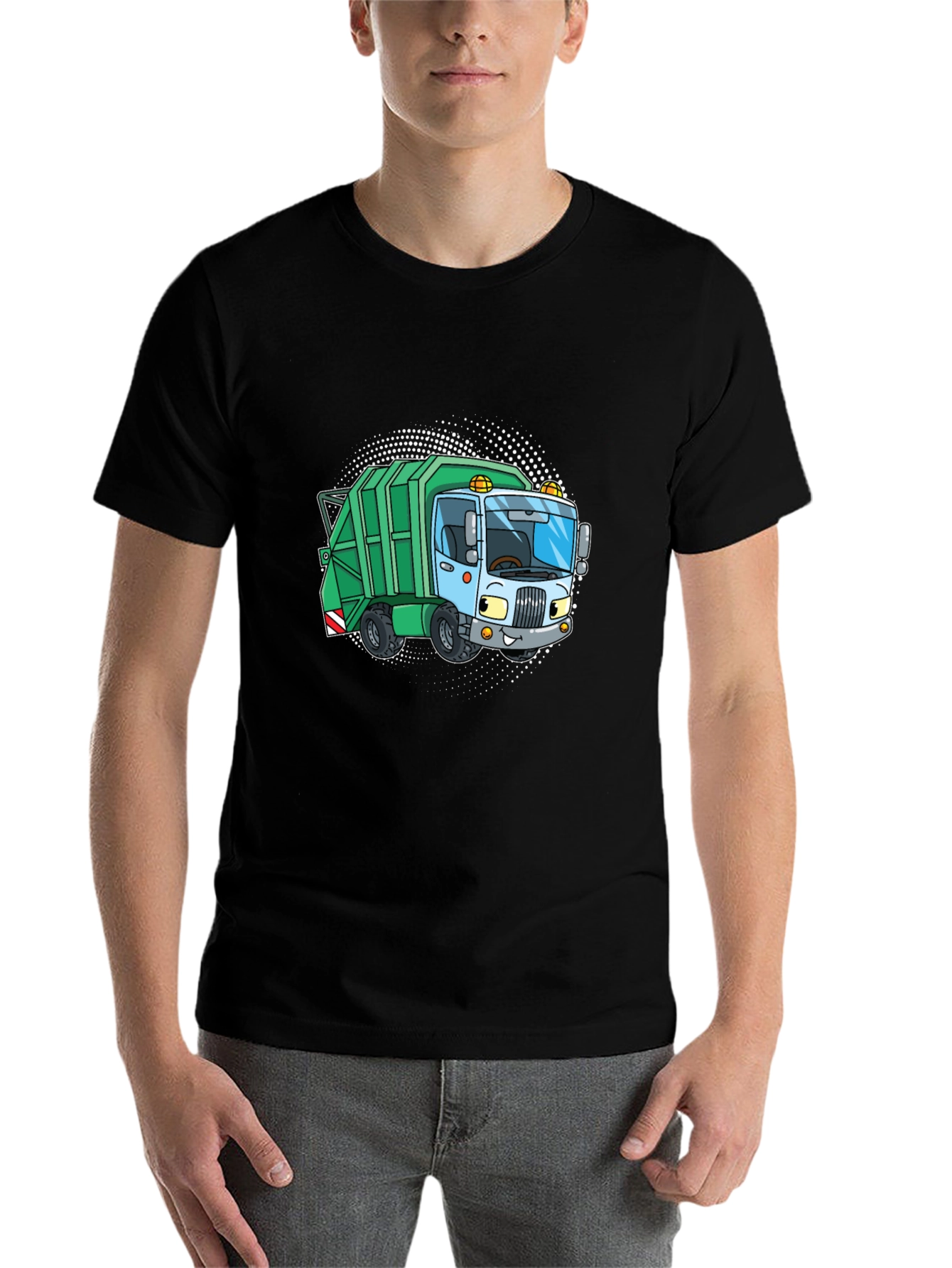 Black Garbage Truck Cartoon T-Shirt - Black Crew Neck Tee view 7