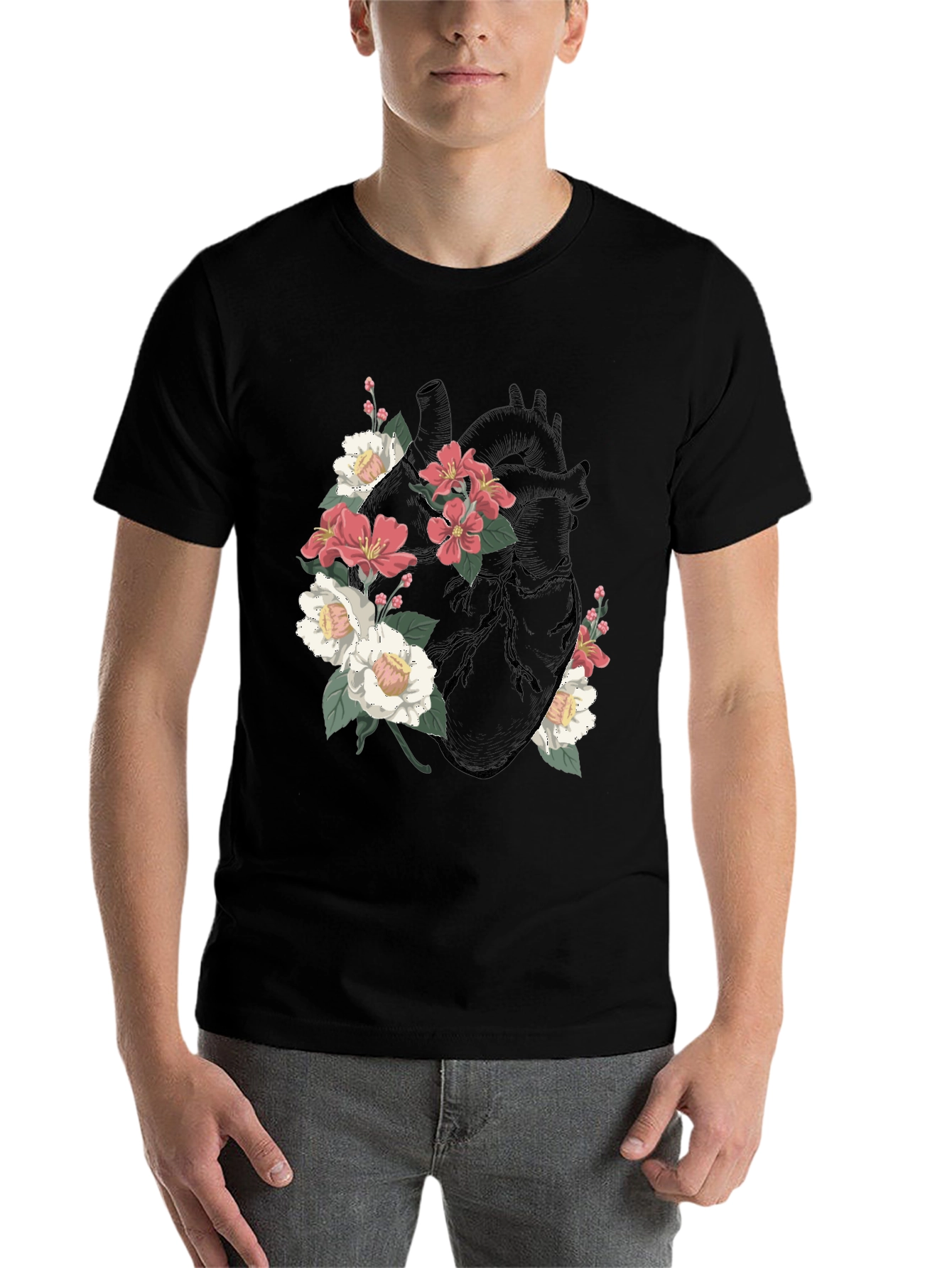 Black Floral Heart Graphic T-Shirt - Black view 7