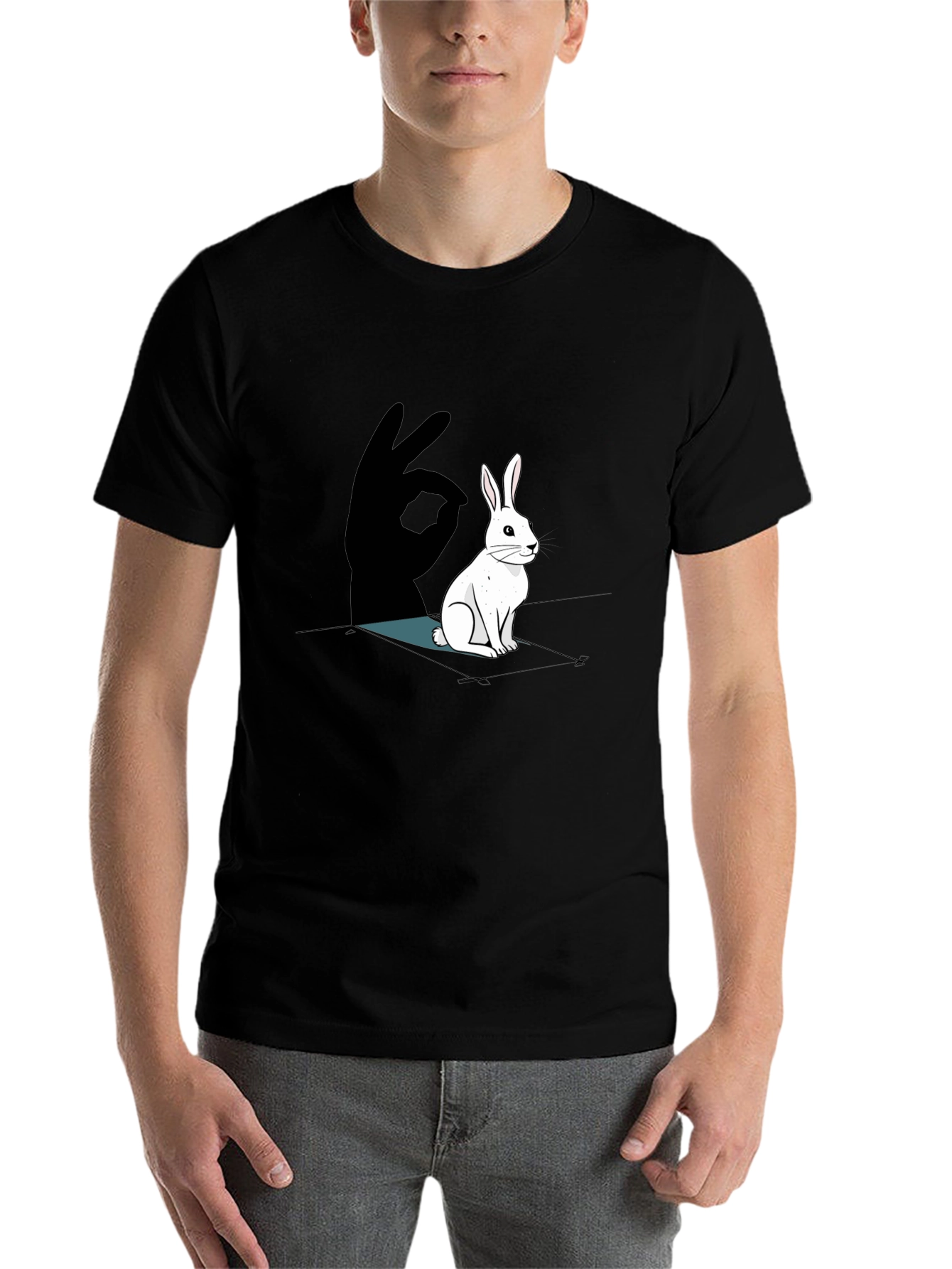 Black Rabbit Shadow Hand T-Shirt - Black Cotton Tee view 7
