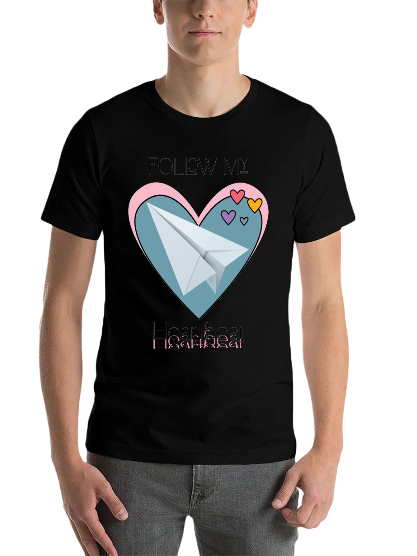 Black Follow My Heartbeat T-Shirt: Paper Airplane Love Design view 7