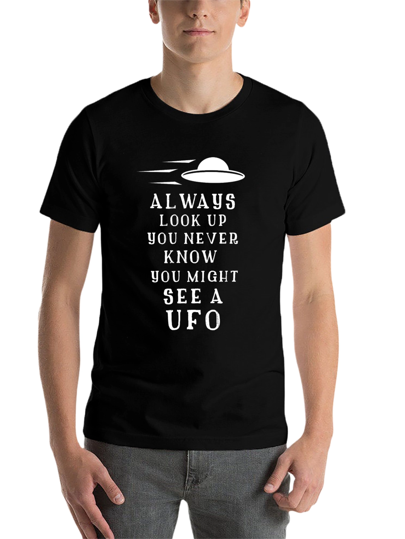 Black Always Look Up UFO Graphic Black T-Shirt view 7