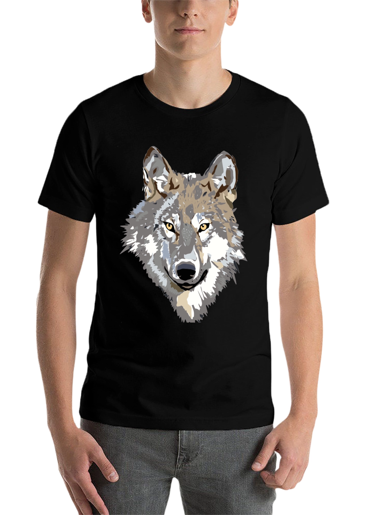 Black Men's Black T-Shirt with Wolf Graphic view 7