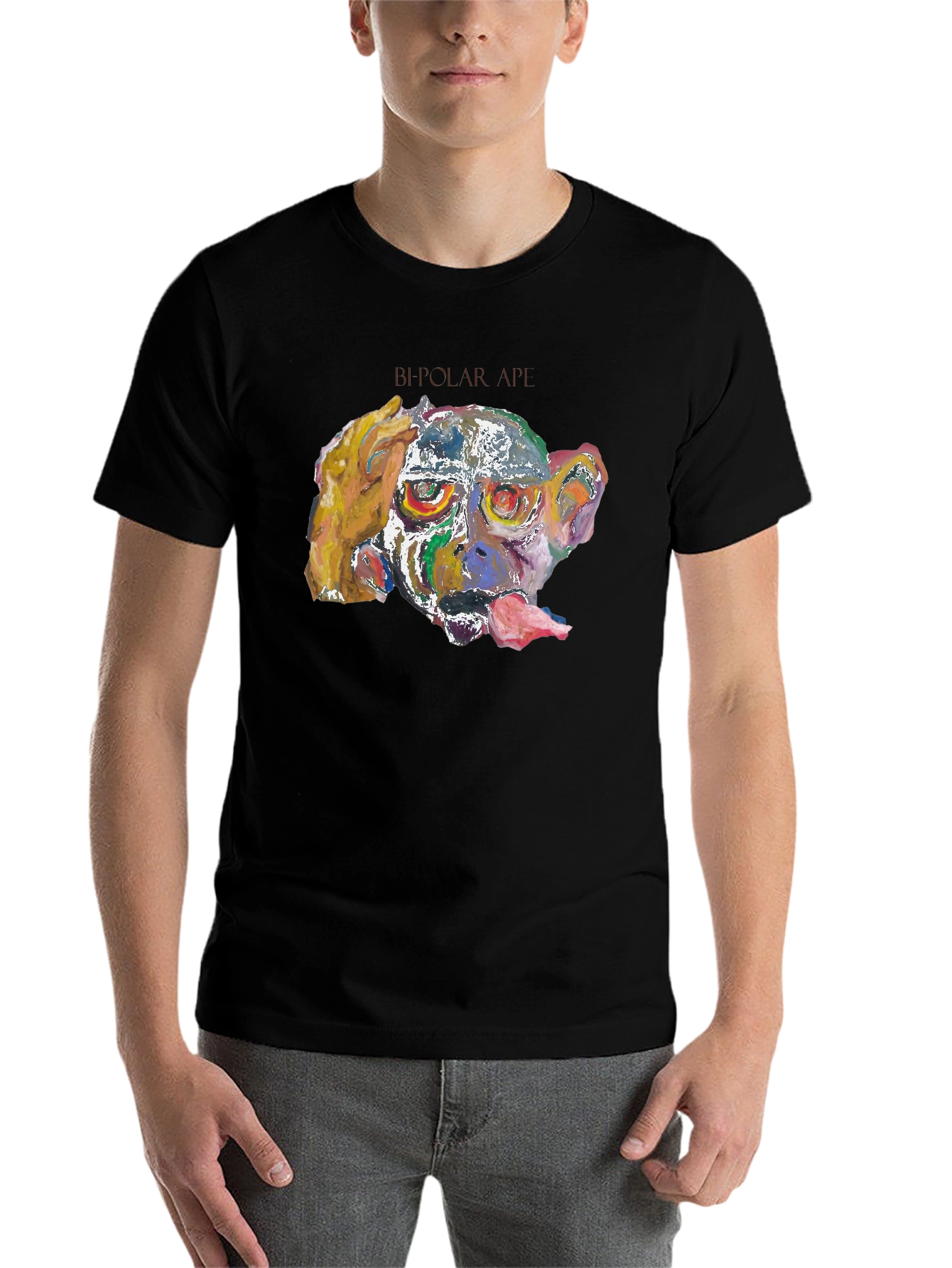 Black Abstract Monkey Graphic Tee - Black Cotton Blend view 7