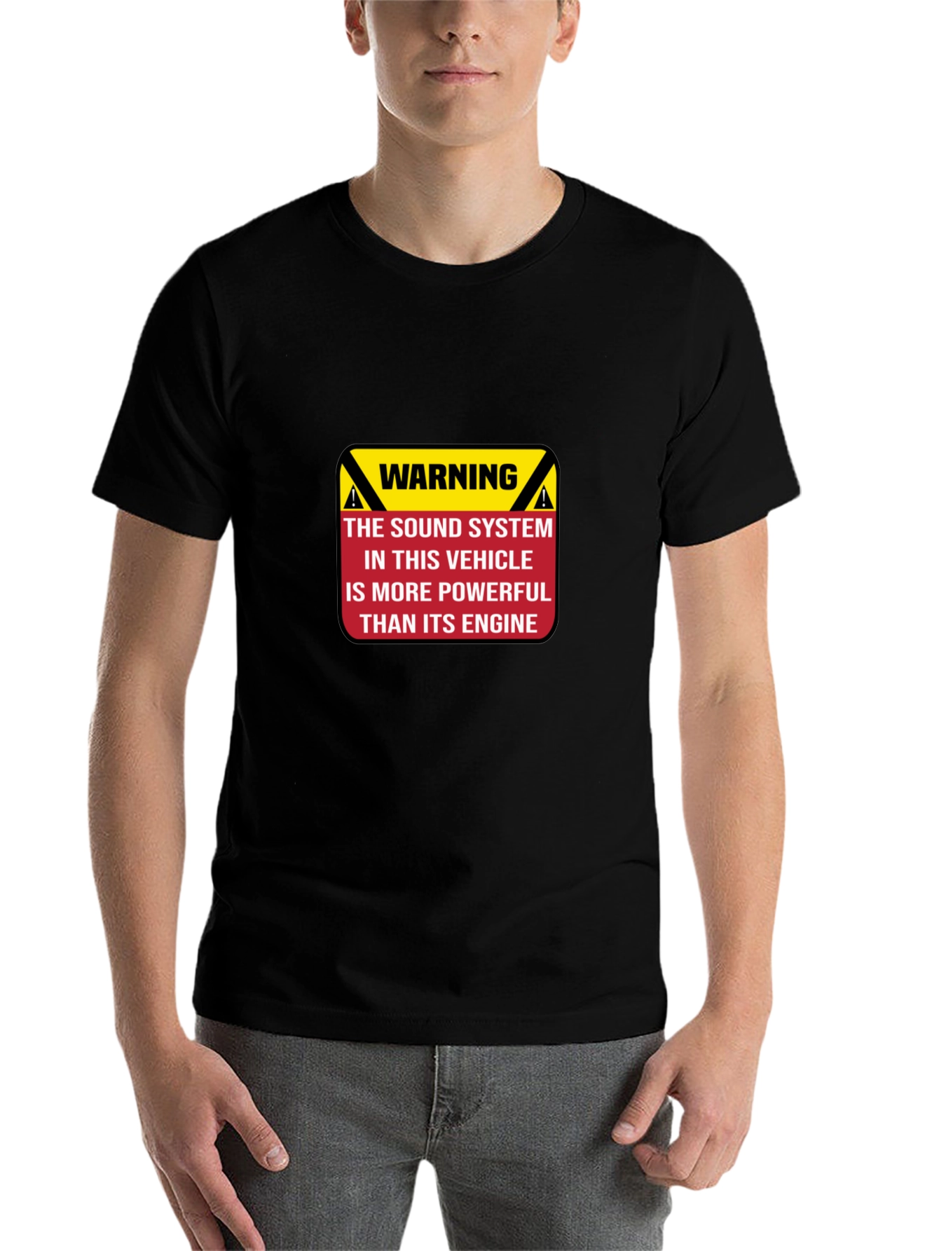 Black Warning Powerful Sound System T-Shirt view 7