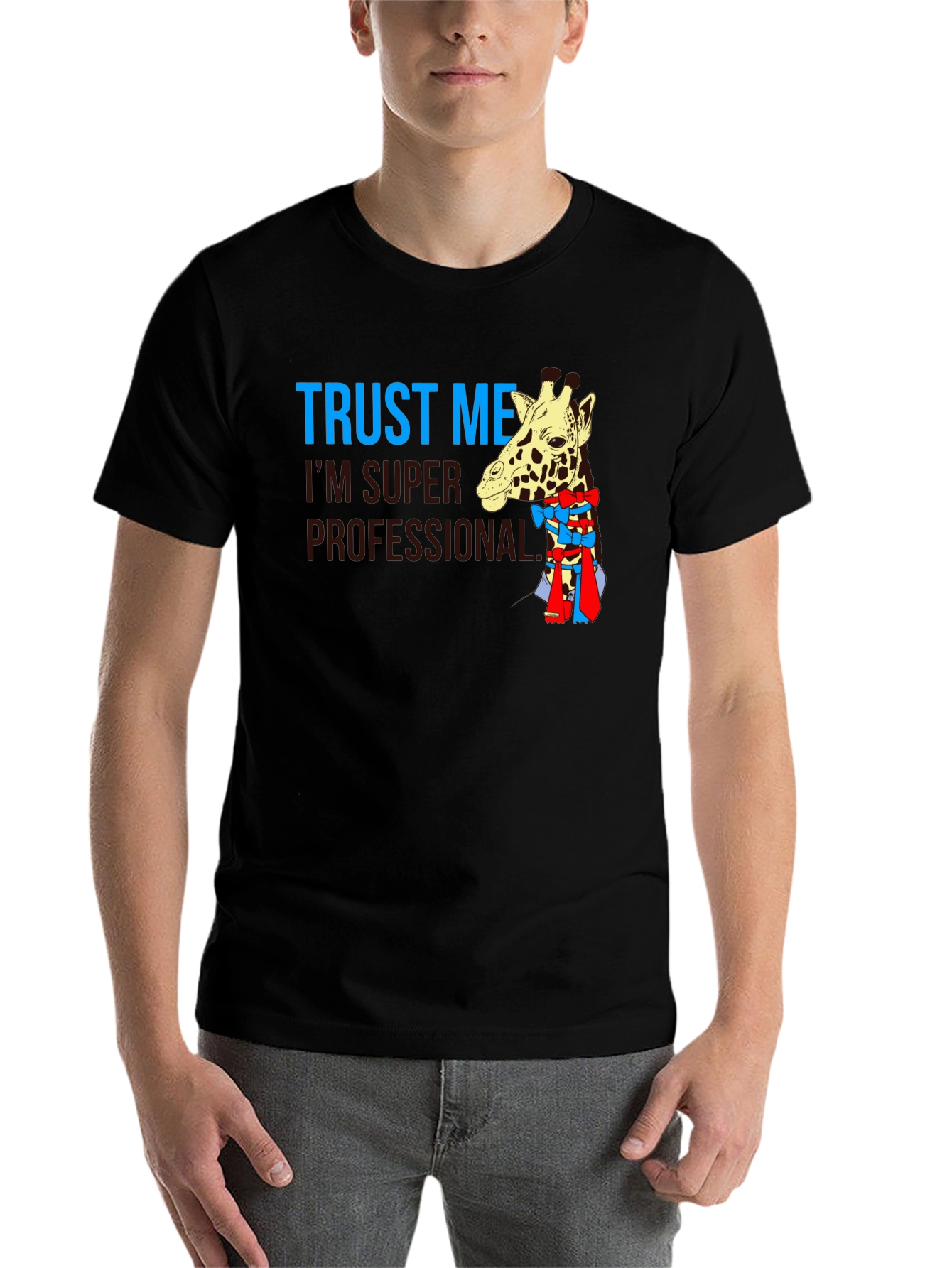 Black Trust Me I'm Super Professional Giraffe Bow T-Shirt view 7