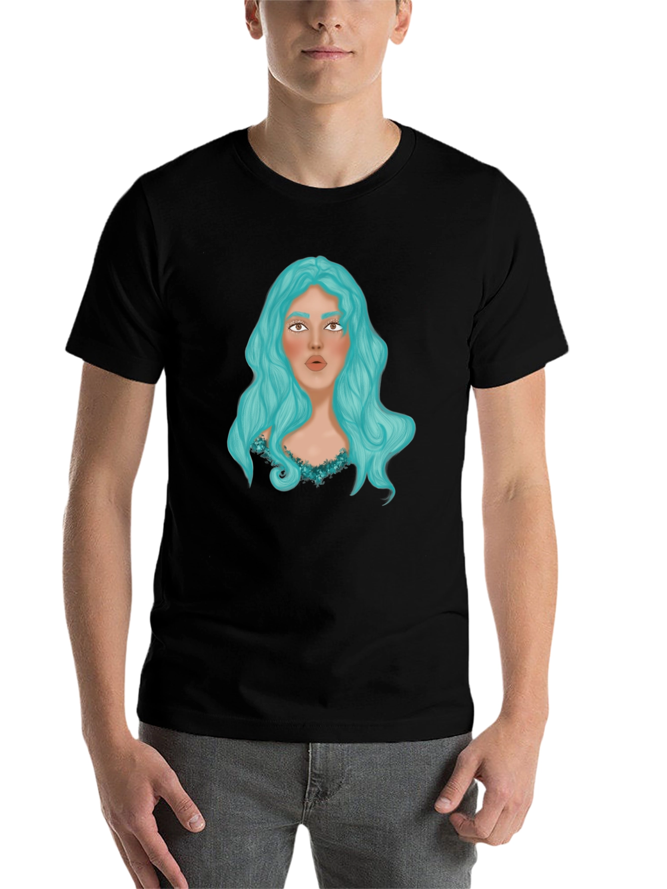 Black Graphic Print T-Shirt - Woman with Blue Hair view 7
