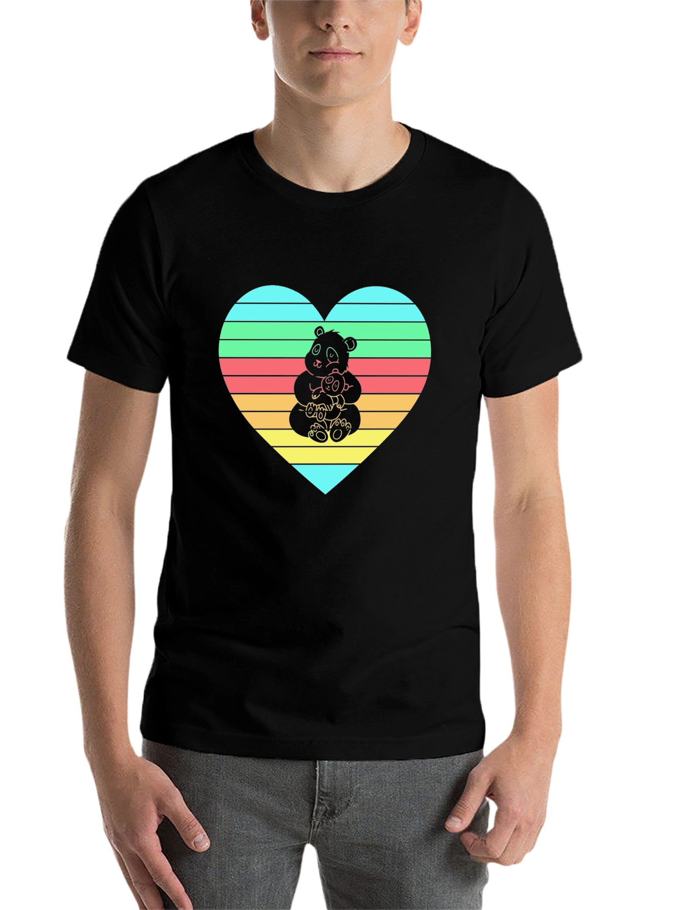 Black Panda Hug Heart Graphic Tee - Black Crew Neck view 7