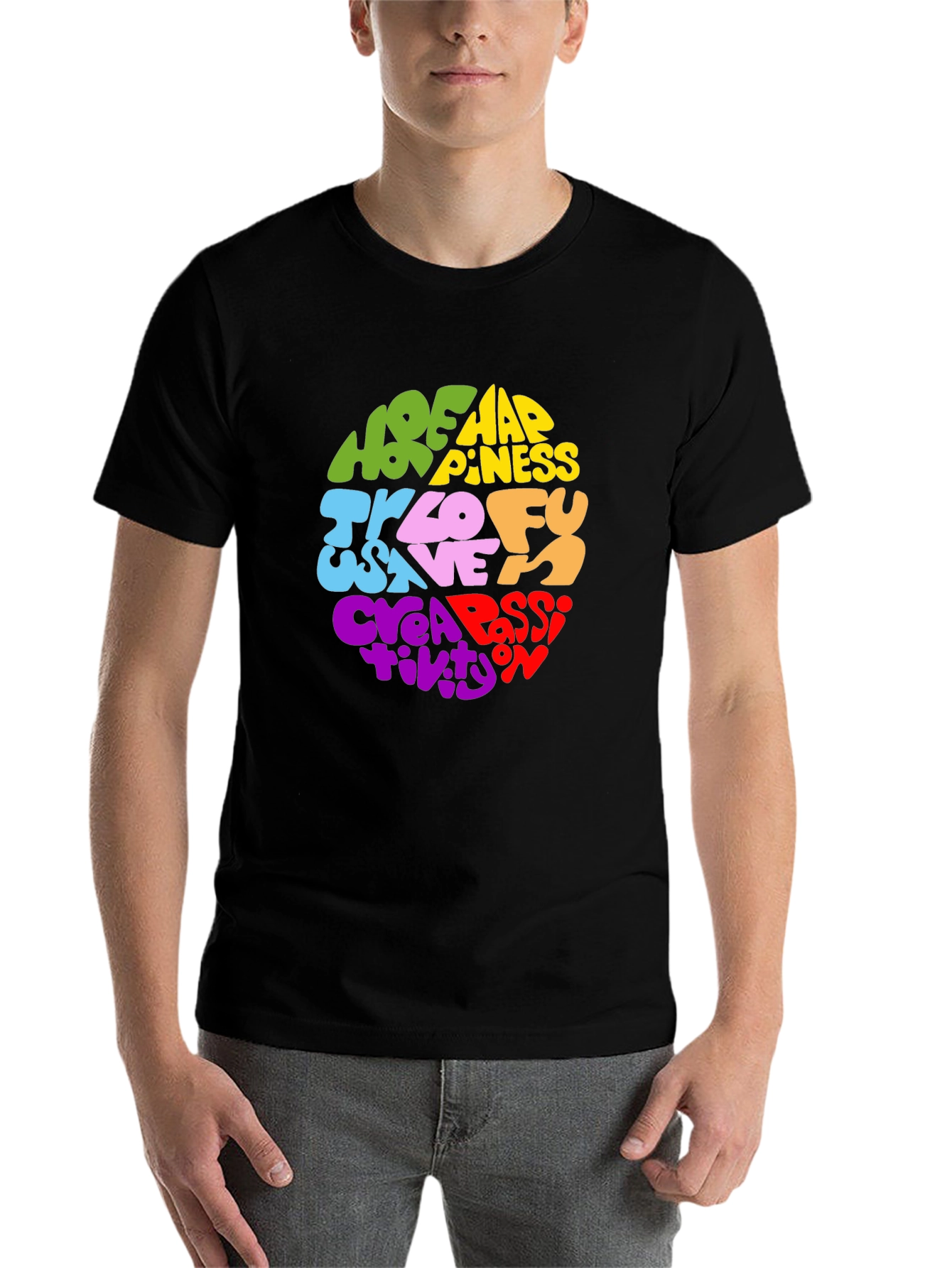 Black Colorful Word Art Graphic Print T-Shirt view 7