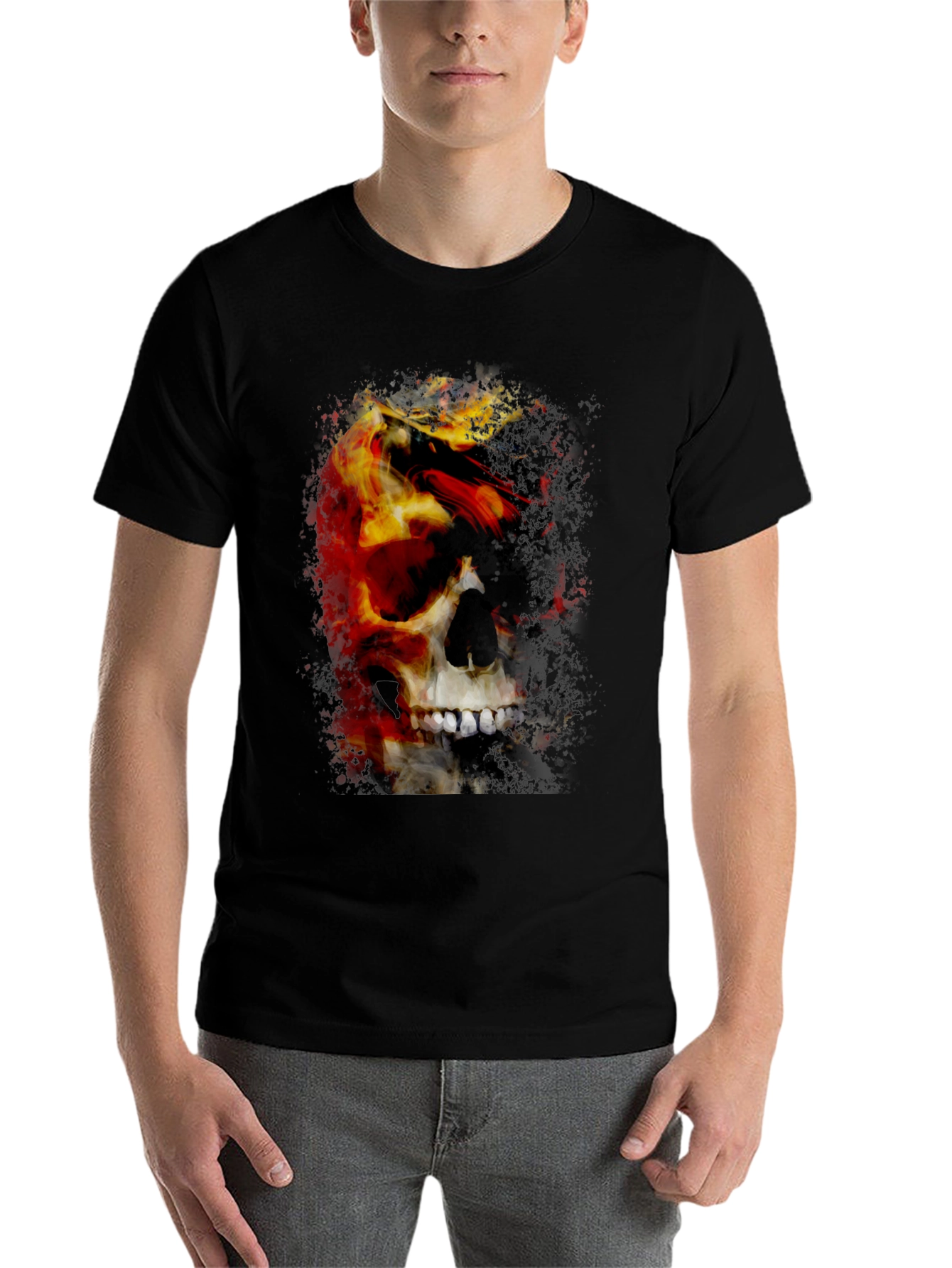 Black Skull & Fire Graphic T-Shirt - Men's Black Tee view 7