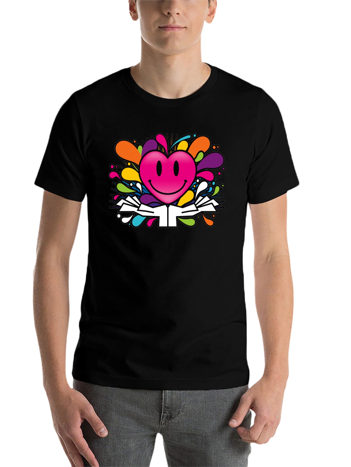Black Smiley Heart Graphic Tee - Colorful Fun Design view 7