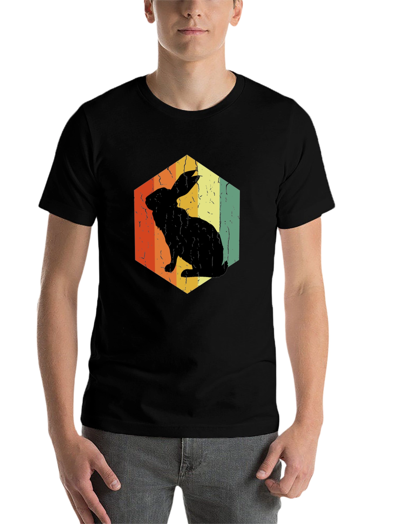 Black Retro Rabbit Hexagon Graphic T-Shirt view 7