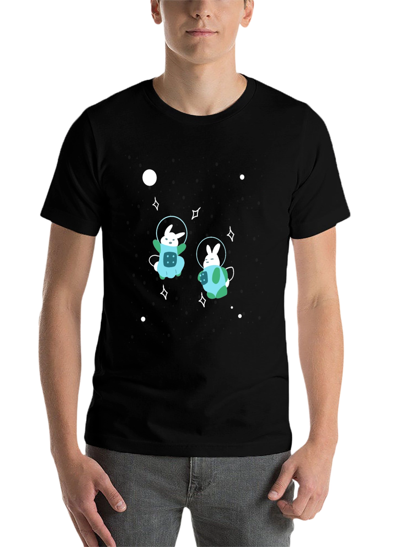 Black Space Bunny Graphic T-Shirt - Black Cotton Blend view 7