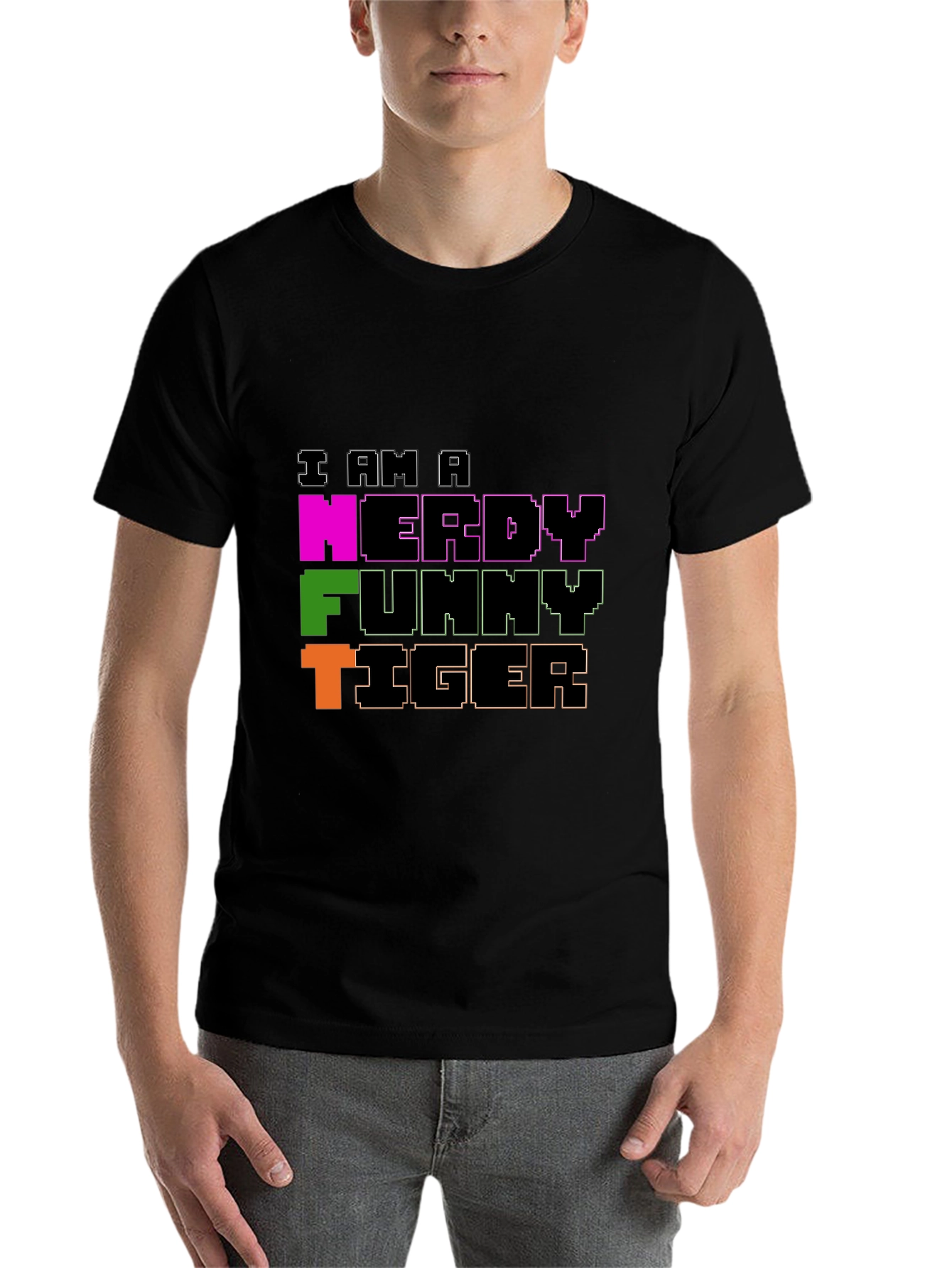 Black Nerdy Funny Tiger Graphic Tee - Black Crew Neck view 7