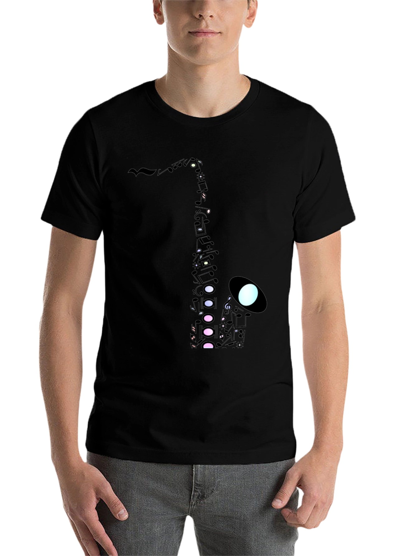Black Saxophone Music Note Graphic Tee - Black Cotton Casual view 7