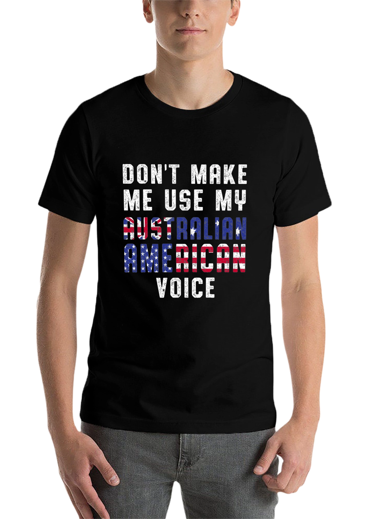 Black Funny Australian American Voice T-Shirt view 7