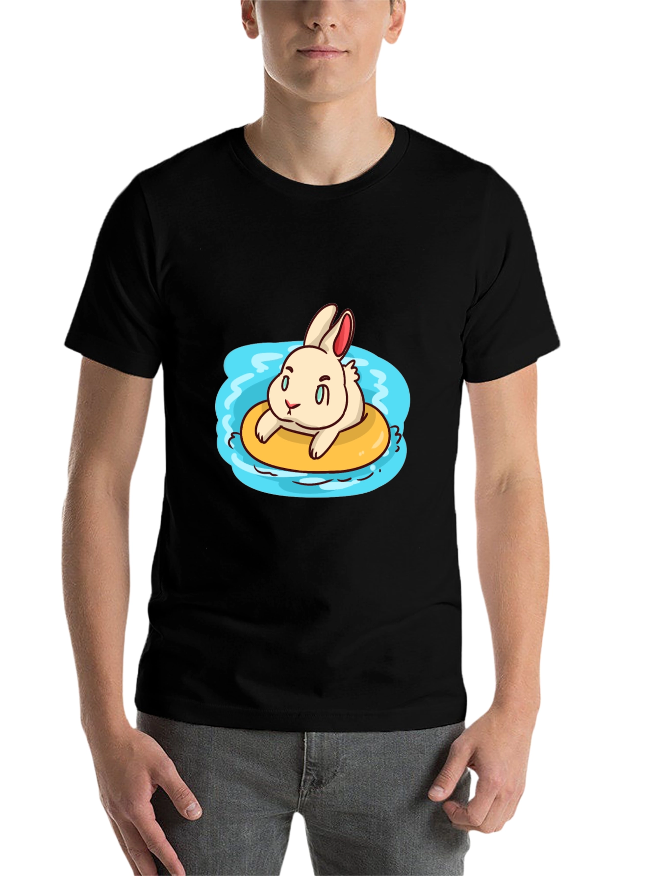 Black Cartoon Bunny on Float Black T-Shirt view 7