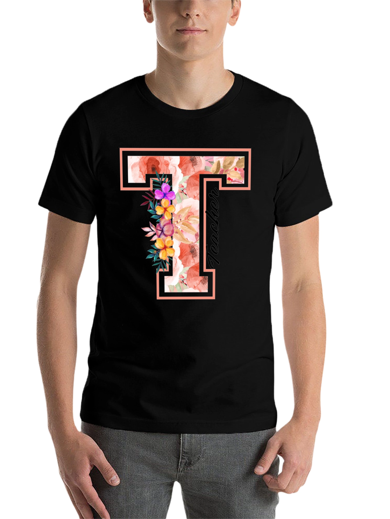 Black Floral T Teacher T-Shirt view 7