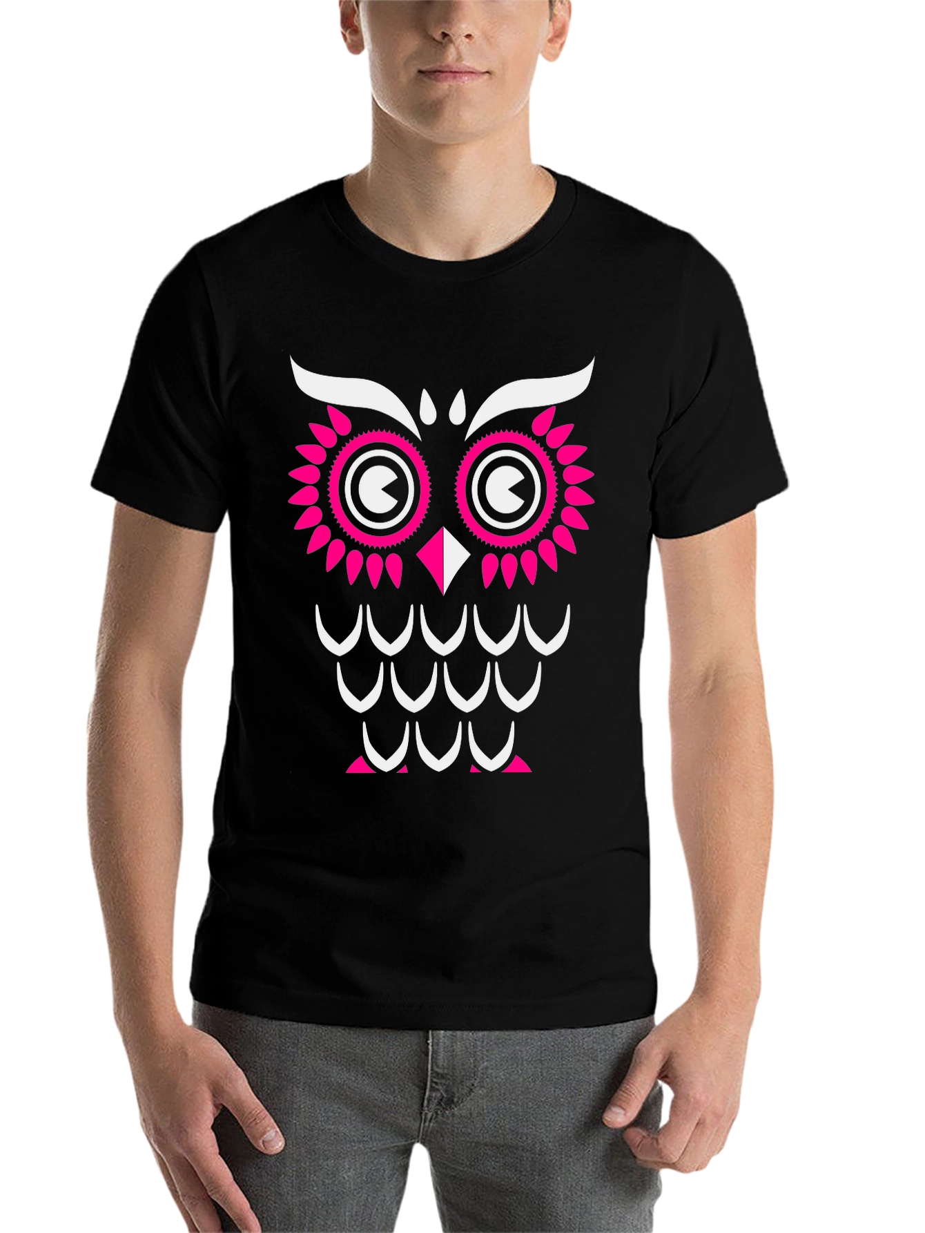 Black Owl Graphic Print T-Shirt - Black with Pink & White Design view 7