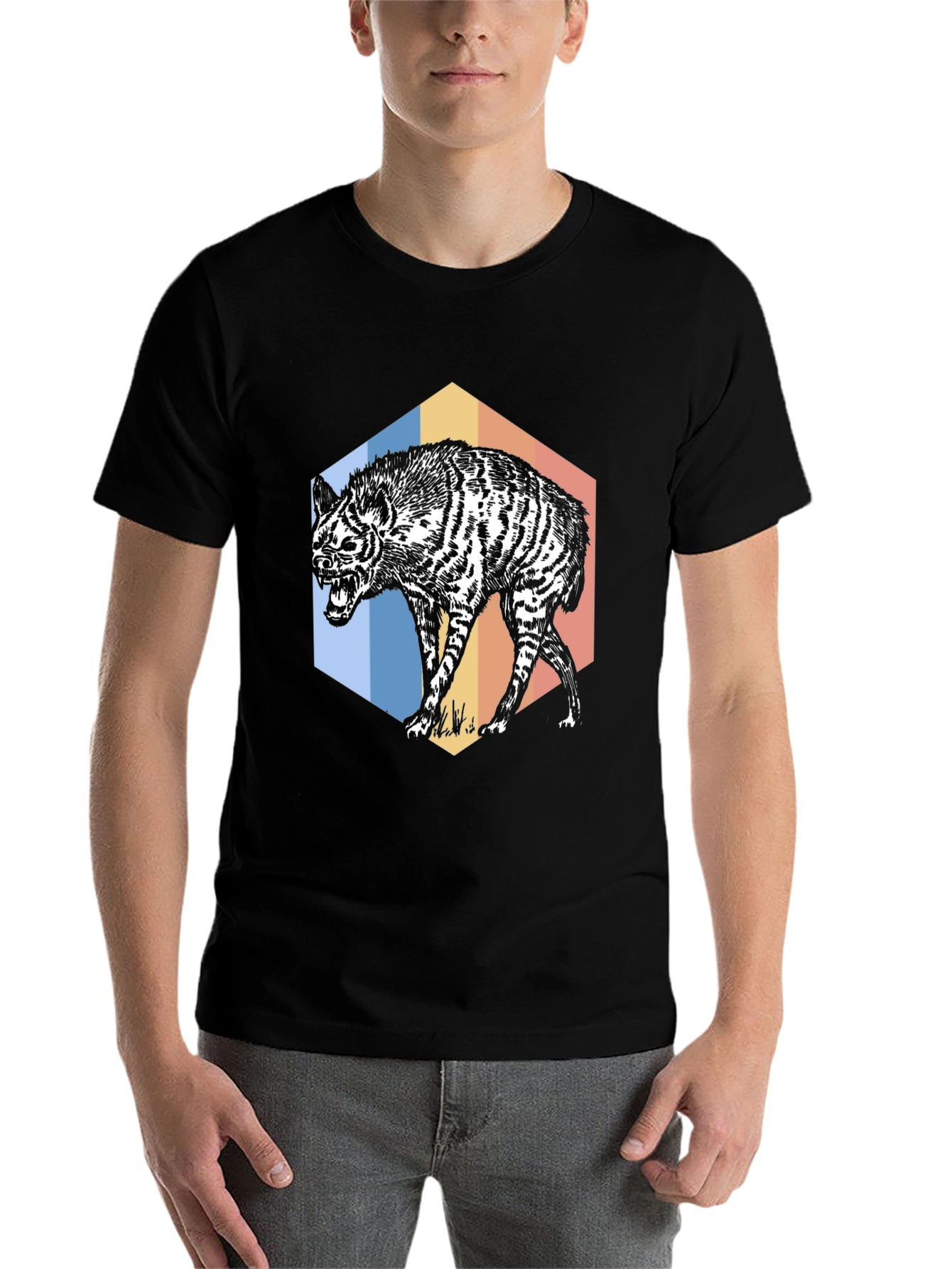 Black Hyena Hex T-Shirt - Retro Animal Graphic Tee view 7