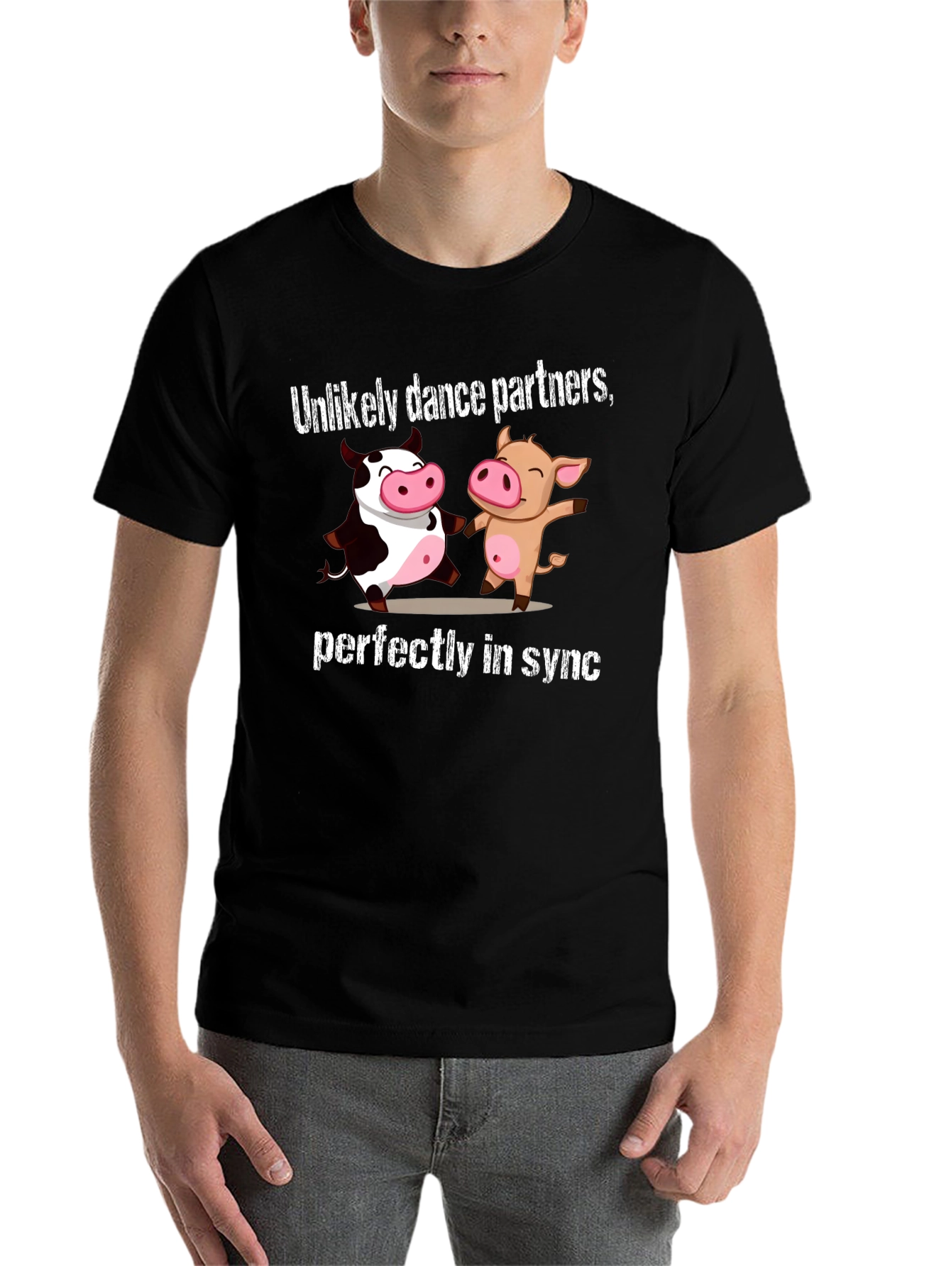 Black Unlikely Dance Partners Tee: Cow and Pig in Sync view 7
